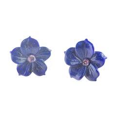 Lapis Lazuli Pink Sapphire Flower Handmade 18 Karat Gold Italian Stud Earrings