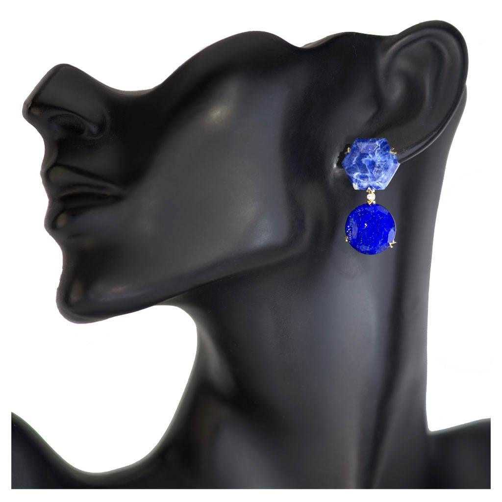 Women's or Men's Lapis Lazuli Quartz Diamond Gold Denim Drop Earrings
