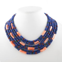 Lapis Lazuli Red Jasper Pink Coral Beaded Crafted Multistrand Italian Necklace
