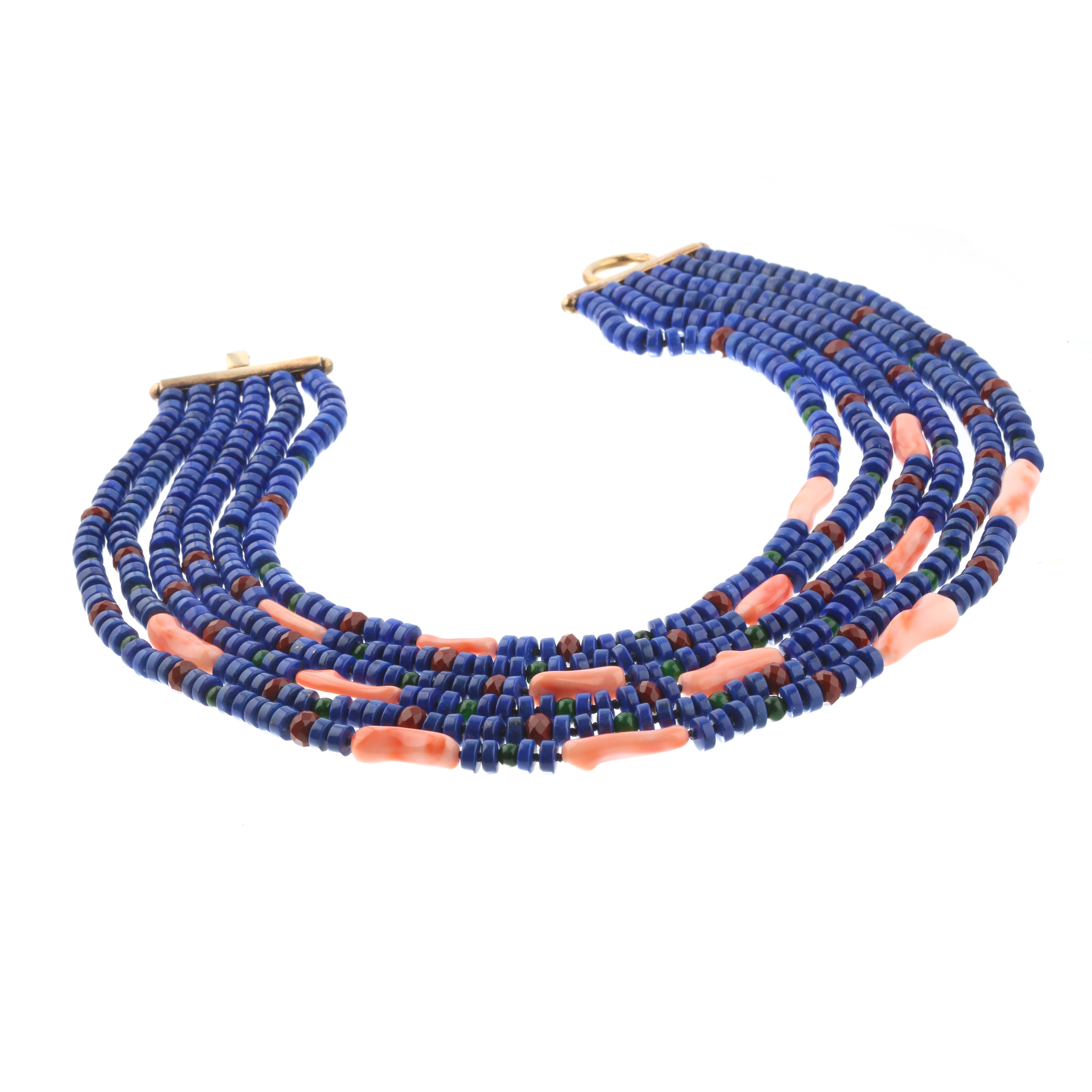 Anglo-Indian Lapis Lazuli Red Jasper Pink Coral Beaded Crafted Multistrand Italian Necklace For Sale