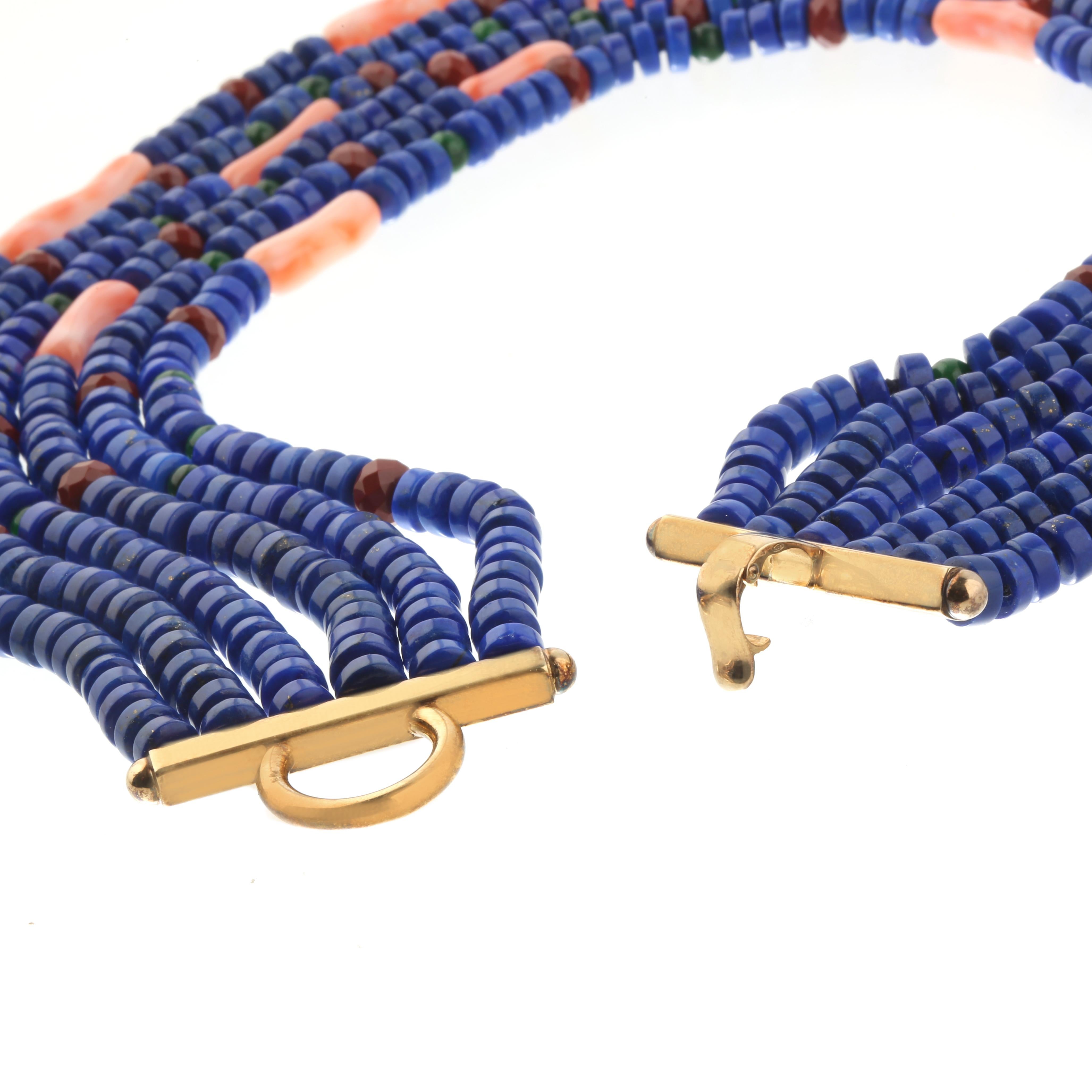 Lapis Lazuli Red Jasper Pink Coral Beaded Crafted Multistrand Italian Necklace In New Condition For Sale In Milano, IT