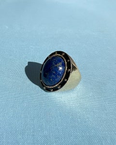 Lapis Lazuli Ring Gold Cabochon Cocktail Ring Black Enamel