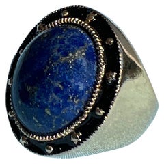 Lapis Lazuli Ring Gold Cabochon Cocktail Ring Black Enamel
