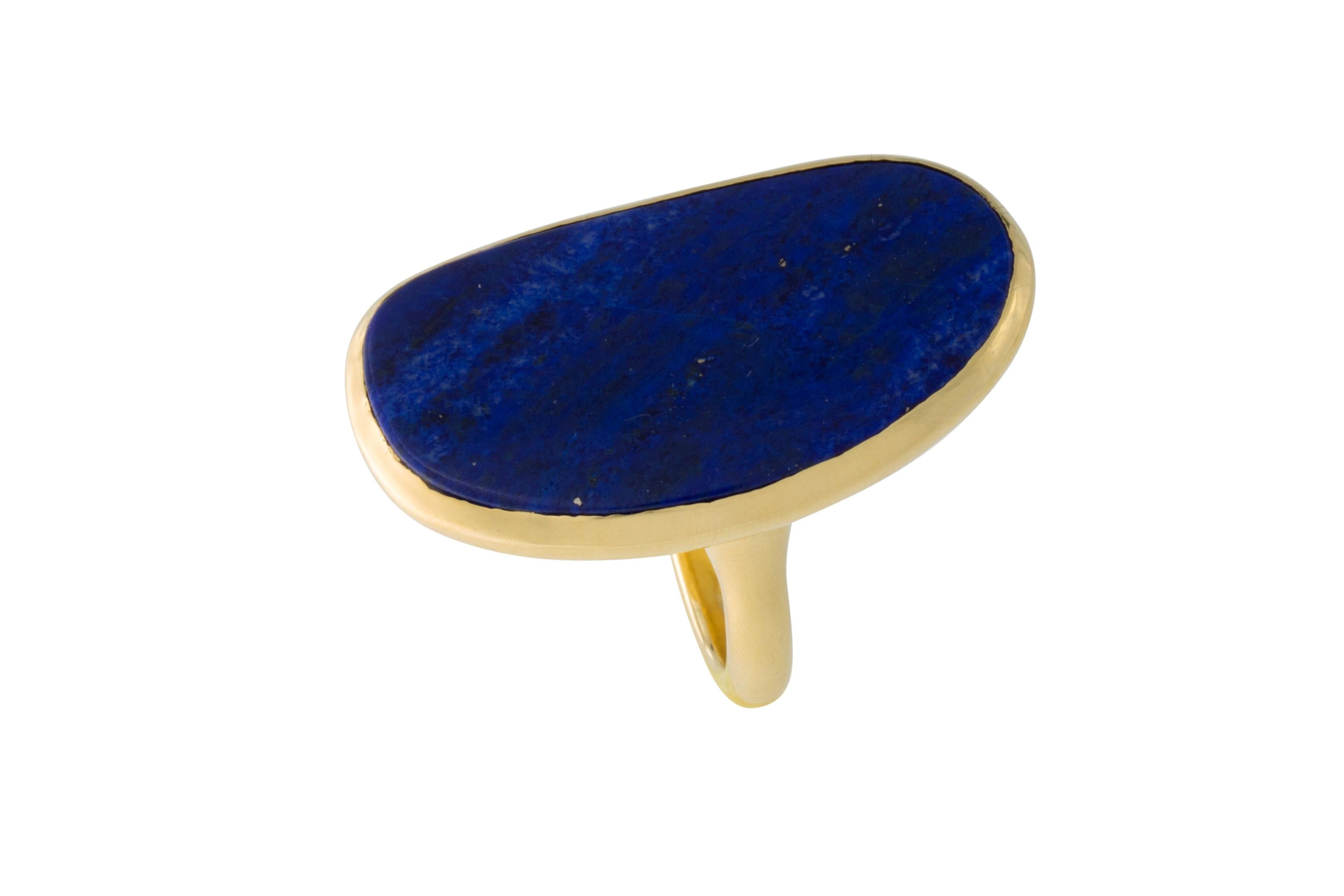 Freeform custom-cut Afghanistan Lapis Lazuli statement ring in solid 18 karat yellow gold.  Hand made in ancient lost wax casting method.  Size 7.