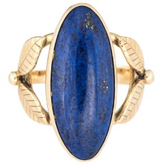 Lapis Lazuli Ring Vintage 14 Karat Gold Cocktail Leaf Design Large Oval Jewelry