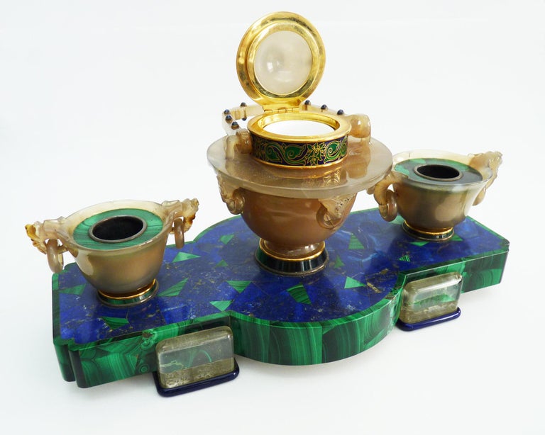 Cartier Lapis Lazuli Rock Crystal, Agate, Enamel Art Deco Inkwell In Good Condition For Sale In New York, NY
