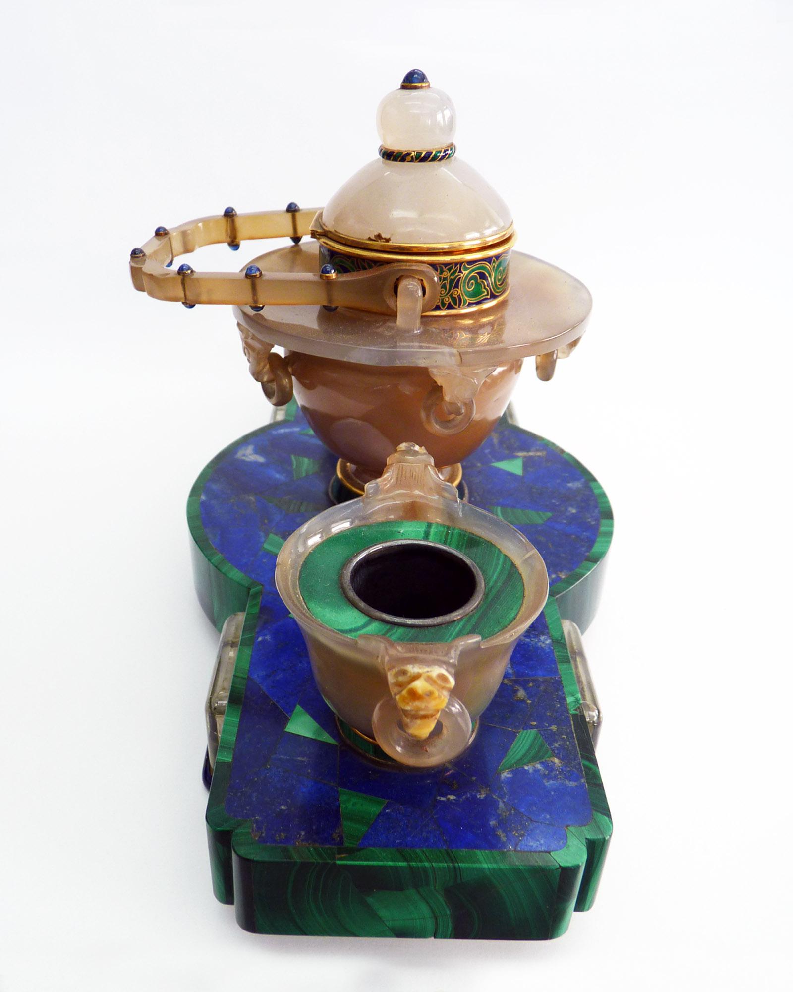 Mixed Cut Cartier Lapis Lazuli Rock Crystal, Agate, Enamel Art Deco Inkwell For Sale