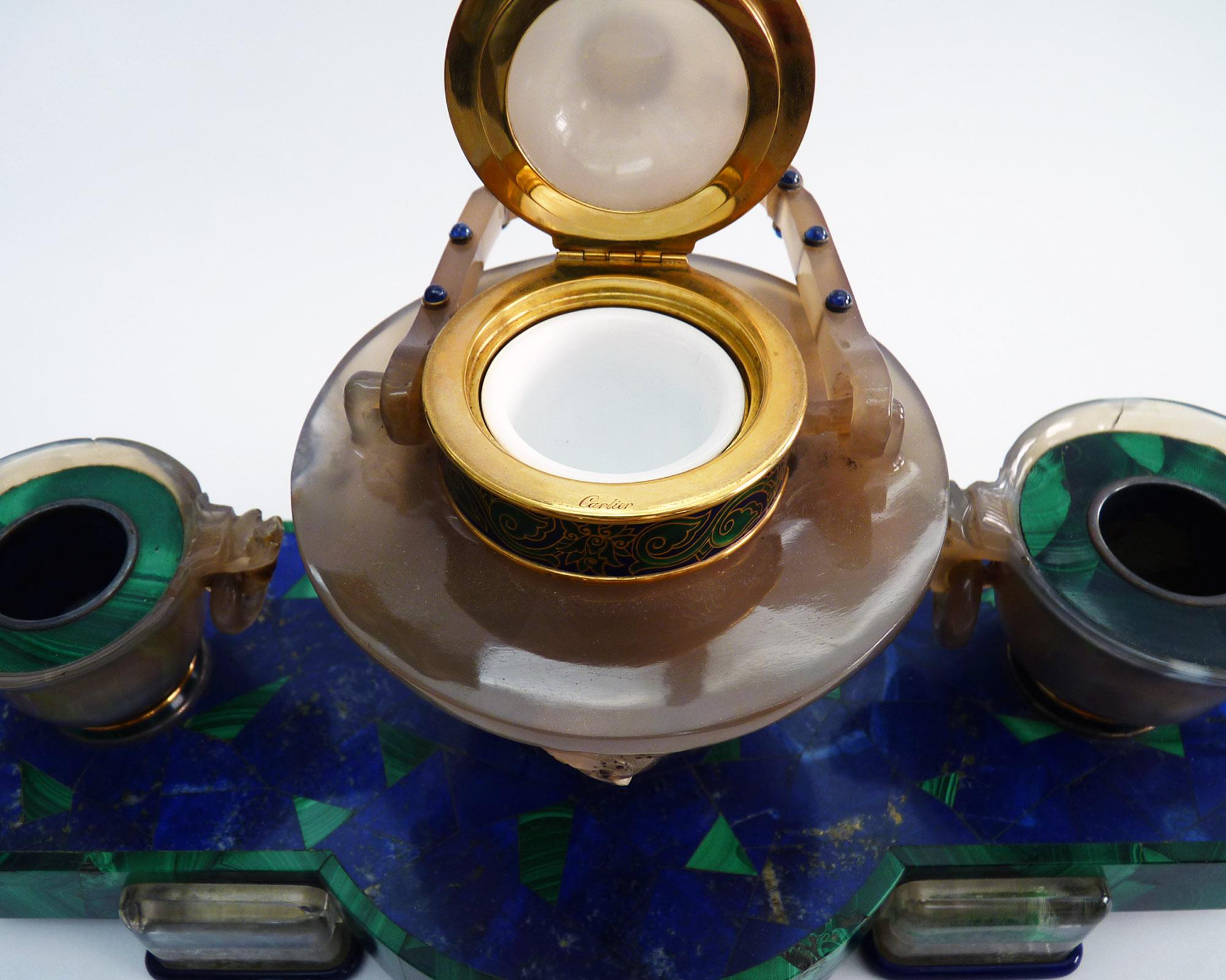 Cartier Lapis Lazuli Rock Crystal, Agate, Enamel Art Deco Inkwell In Good Condition For Sale In New York, NY