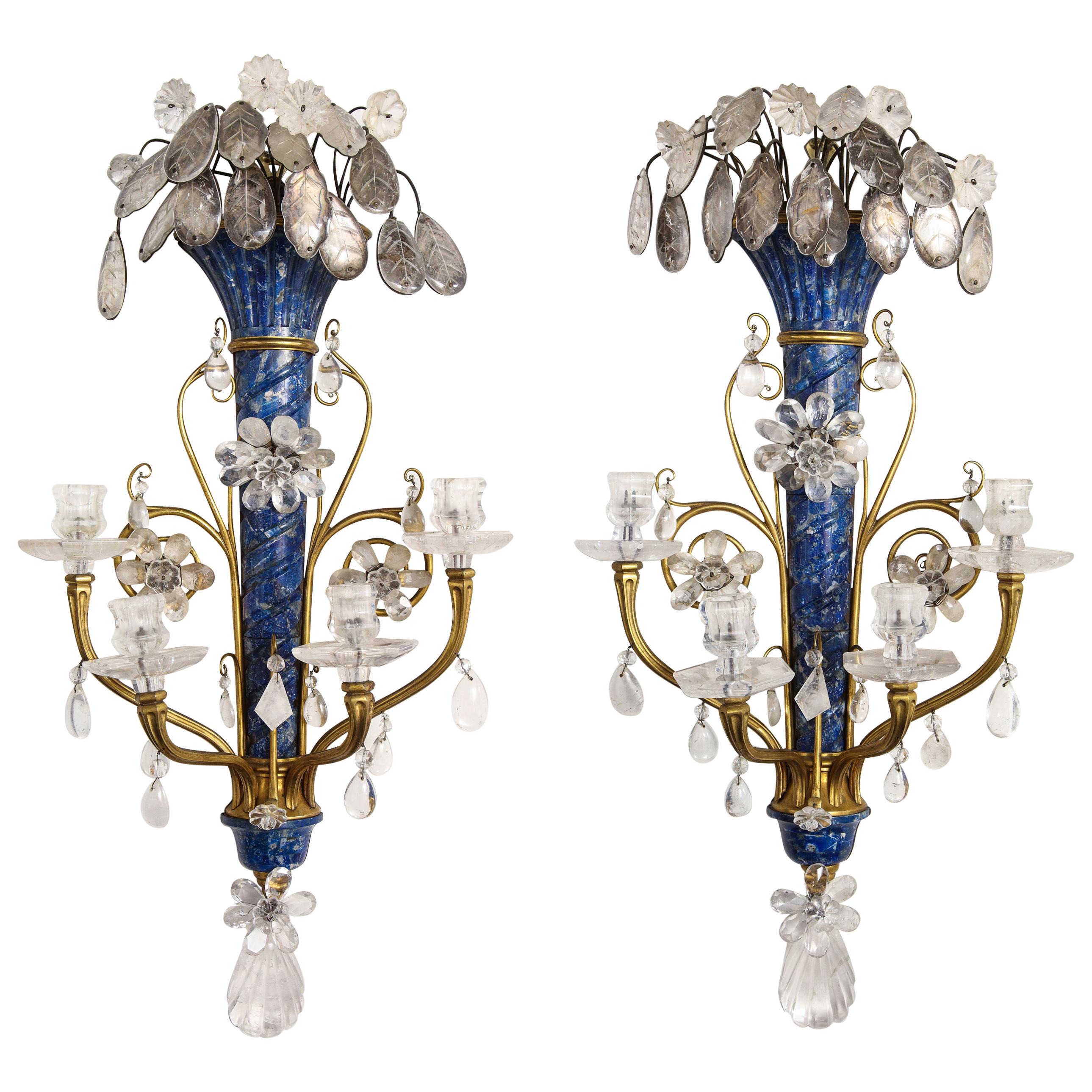 Lapis Lazuli, Rock Crystal and Doré Bronze Four Arm Sconces, E.F. Caldwell, Pair