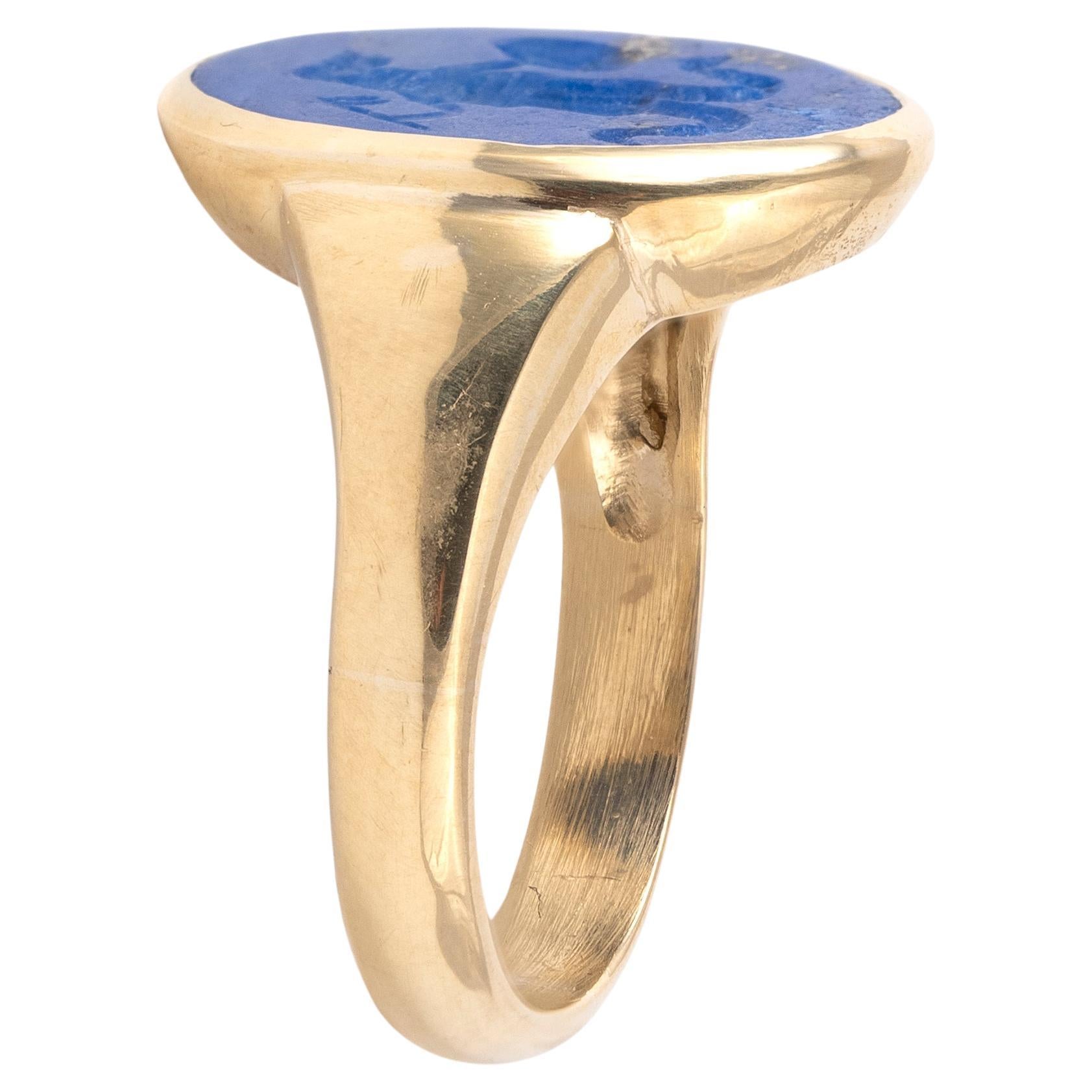 LAPIS LAZULI ROMAN MAGICAL INTAGLIO RING OF ABRAXAS 2ND-3RD CENTURY A.D.
Period: II-III century A.D. (intaglio)
Ring size: 7 ½ 
Top size: 18 x 14 mm
Weight (total): 8.25 gr

The lapis lazuli carving include the engraving of Abraxas, a deity of