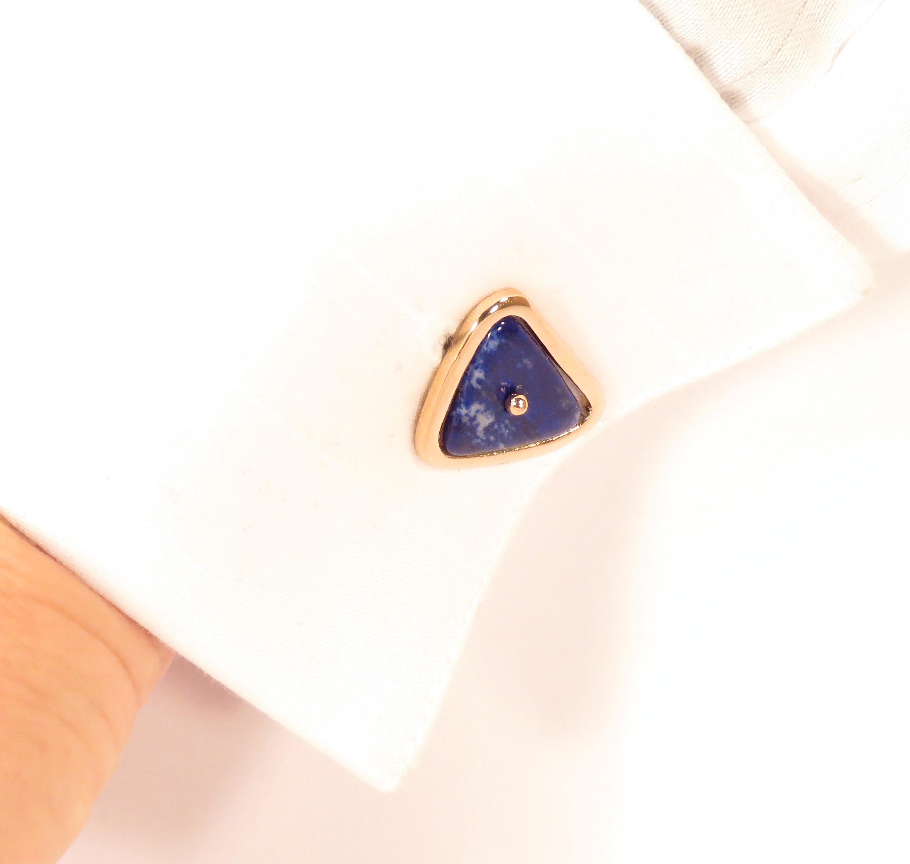 Contemporary cufflinks in 9 karat rose gold with lapis lazuli.
Stones size: the bigger stones are 24 x 15 mm / 0.944 x 0.590 inches, the smaller stones are 22 x 12 mm / 0.866 x 0.472 inches.
They are marked with the Italian Gold Mark 375 and Botta