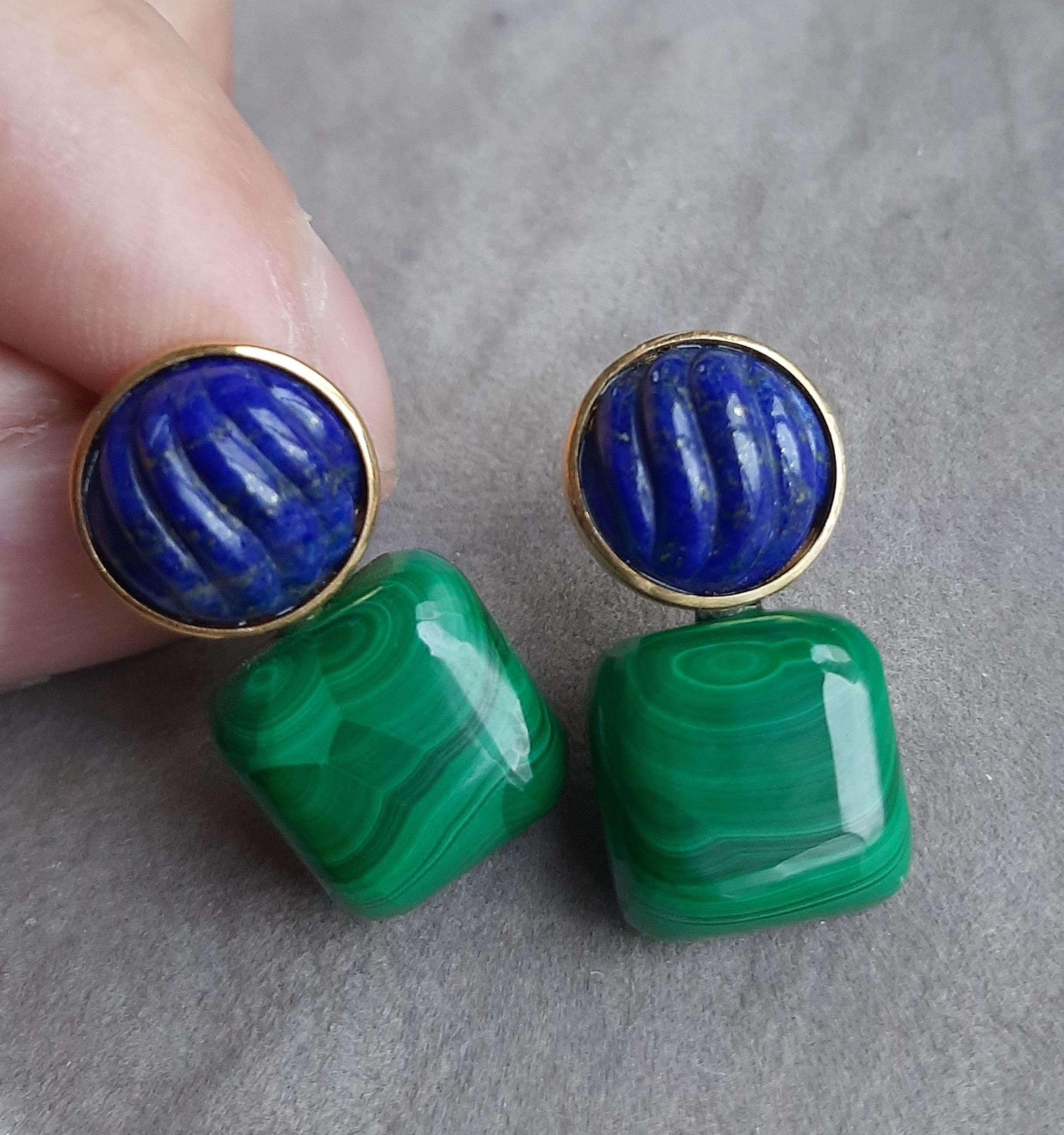 Boucles d'oreilles en or massif 14k Lapis Lazuli Cabs Malachite Cushions en vente 4