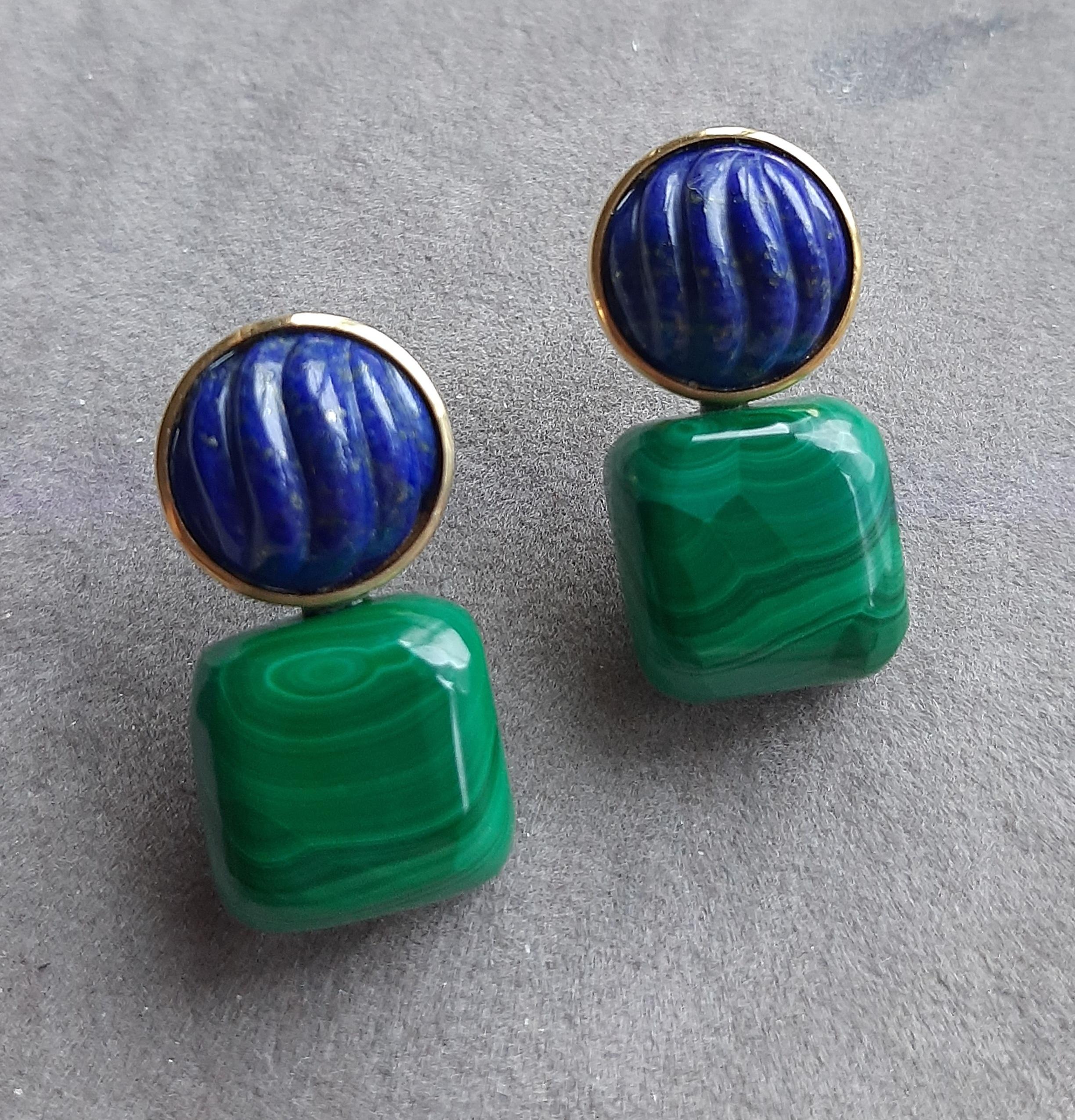 Boucles d'oreilles en or massif 14k Lapis Lazuli Cabs Malachite Cushions en vente 7