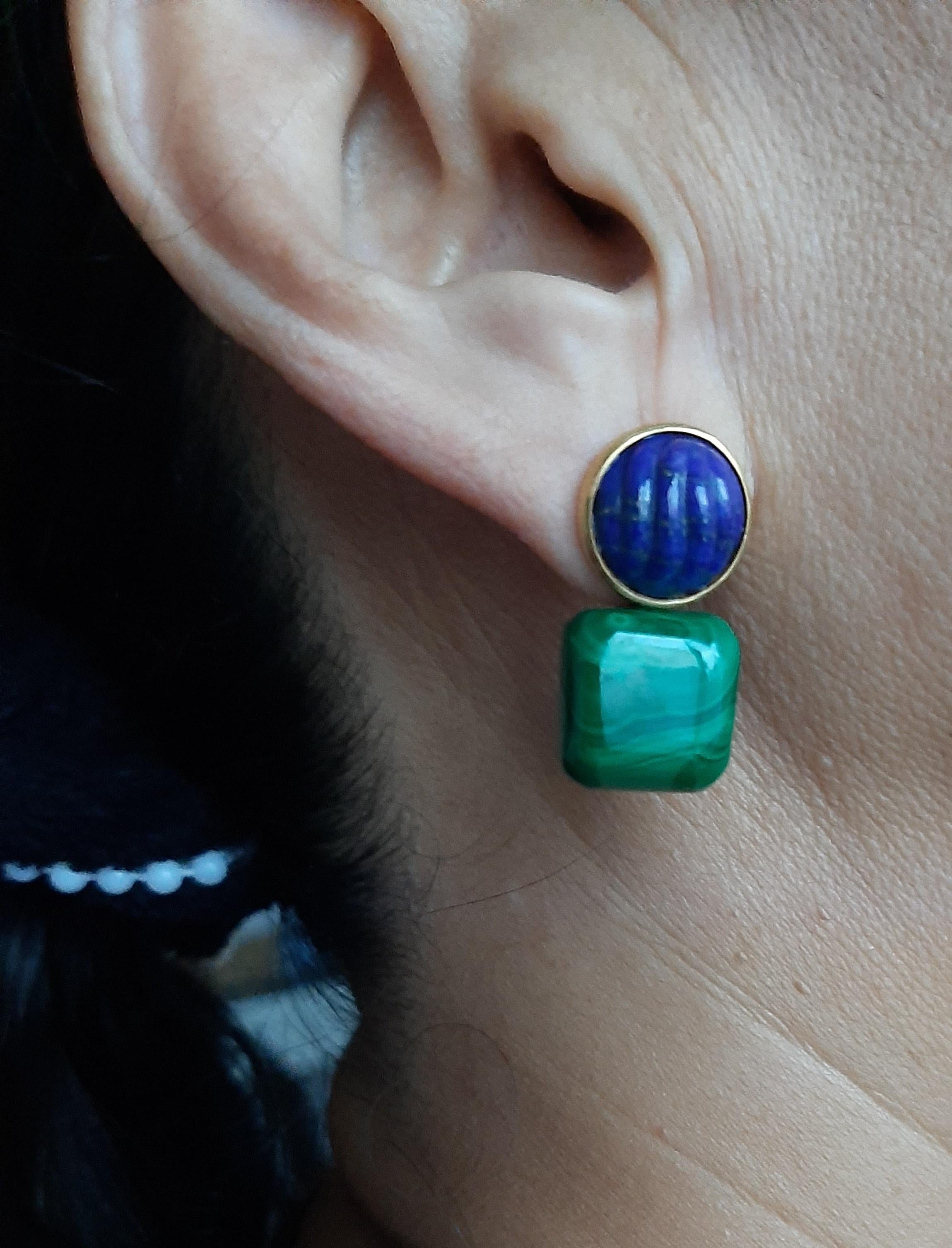 Artisan Boucles d'oreilles en or massif 14k Lapis Lazuli Cabs Malachite Cushions en vente