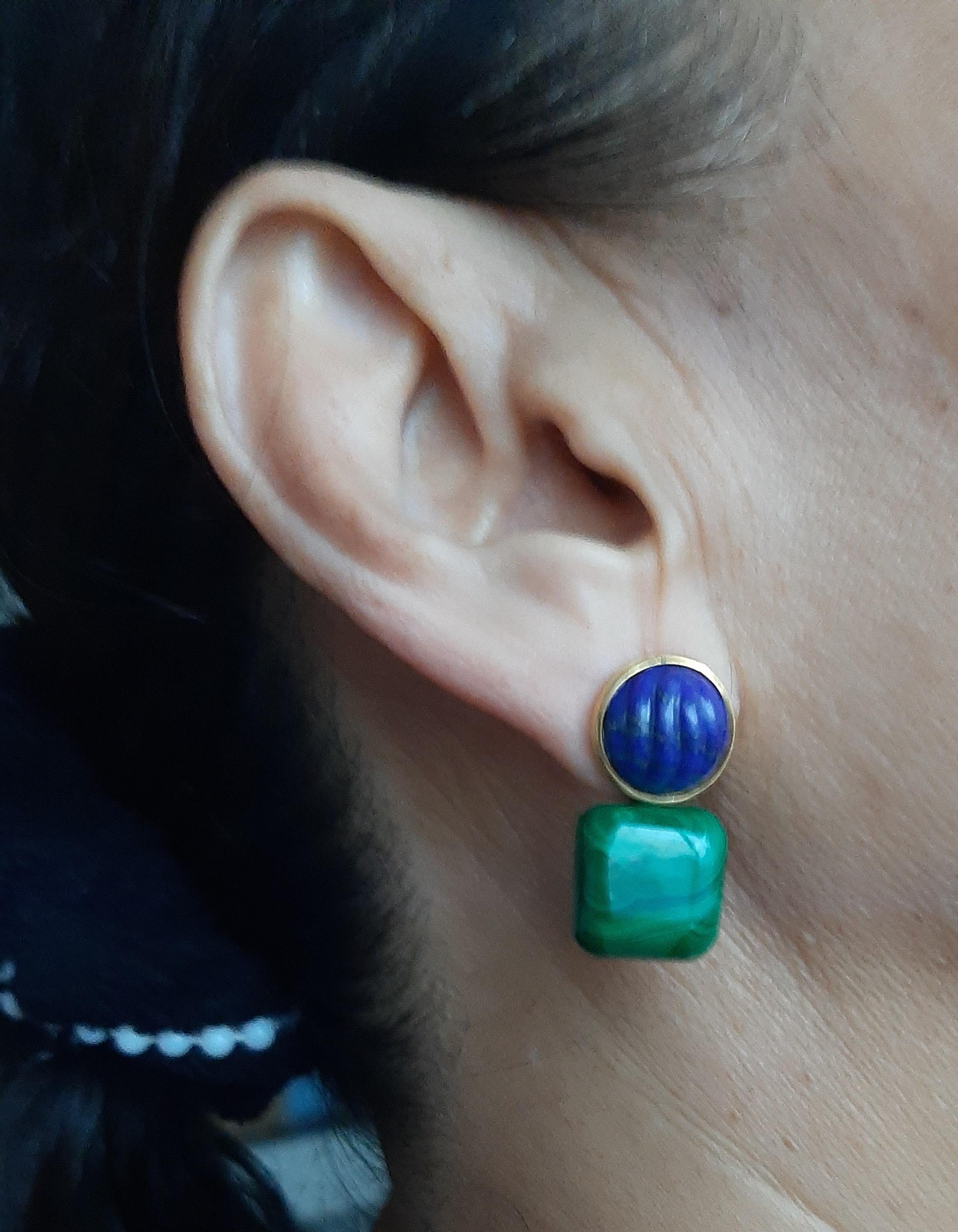 Taille mixte Boucles d'oreilles en or massif 14k Lapis Lazuli Cabs Malachite Cushions en vente