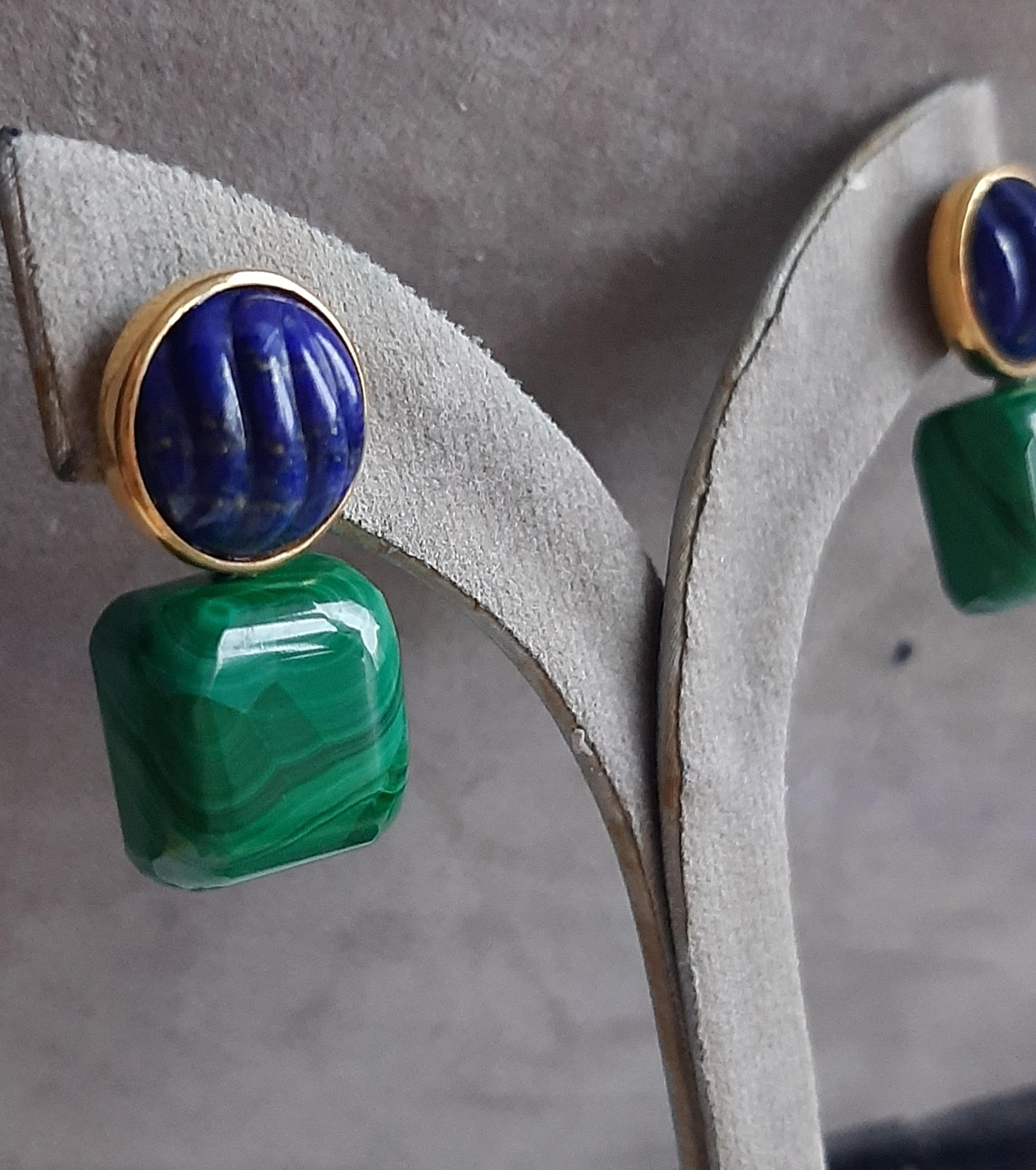 Boucles d'oreilles en or massif 14k Lapis Lazuli Cabs Malachite Cushions Neuf - En vente à Bangkok, TH