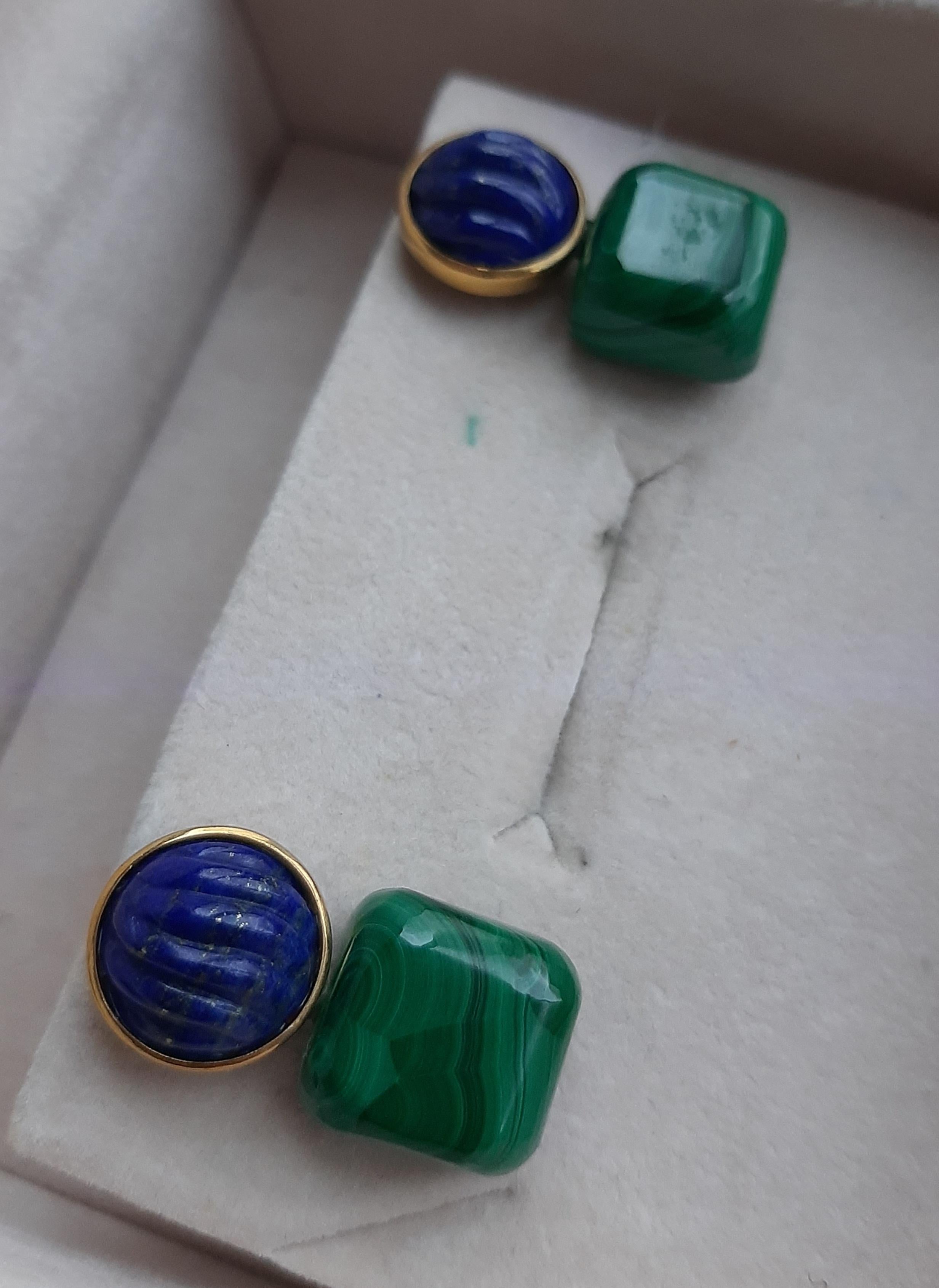 Boucles d'oreilles en or massif 14k Lapis Lazuli Cabs Malachite Cushions en vente 1