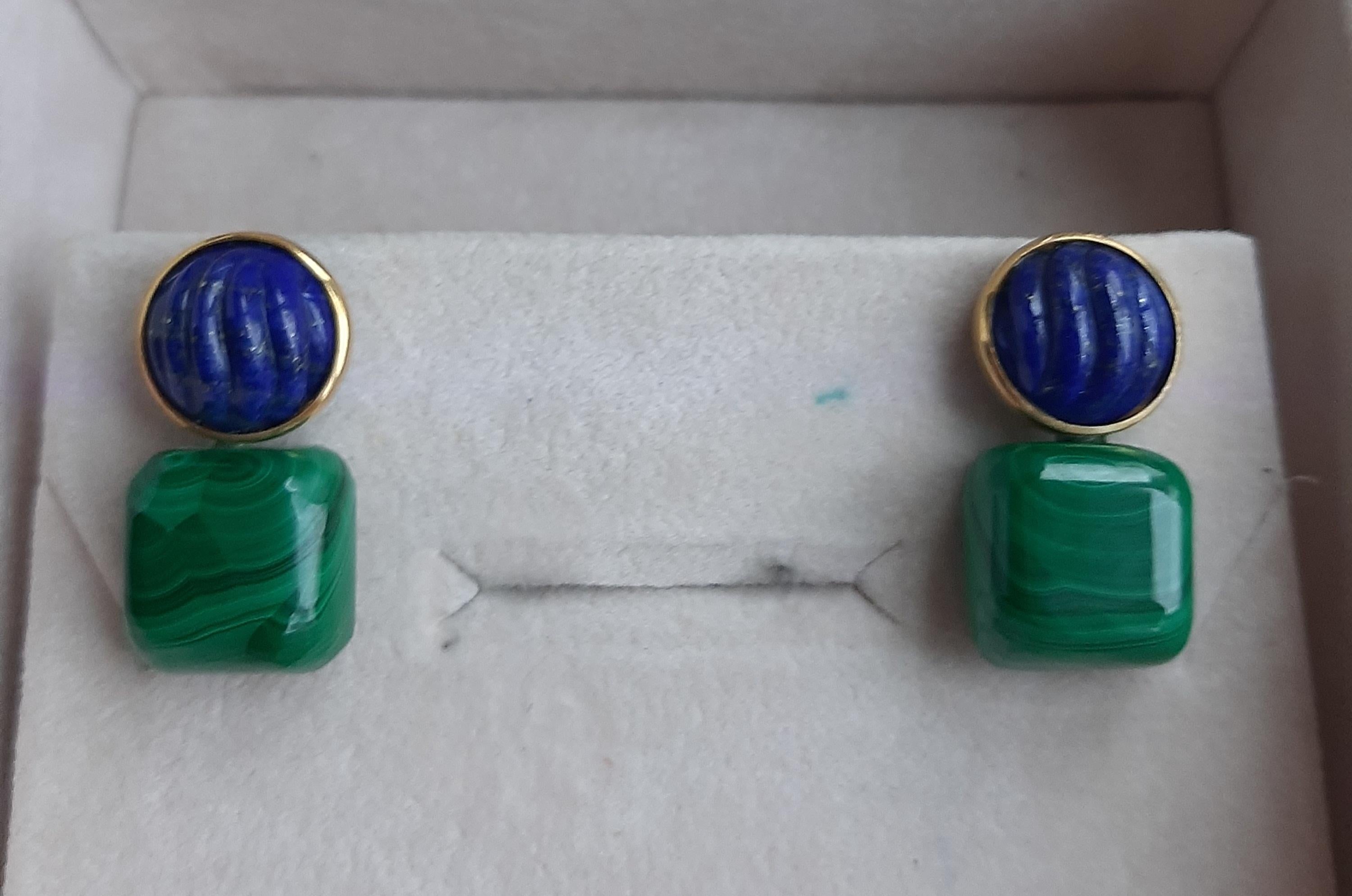 Boucles d'oreilles en or massif 14k Lapis Lazuli Cabs Malachite Cushions en vente 2