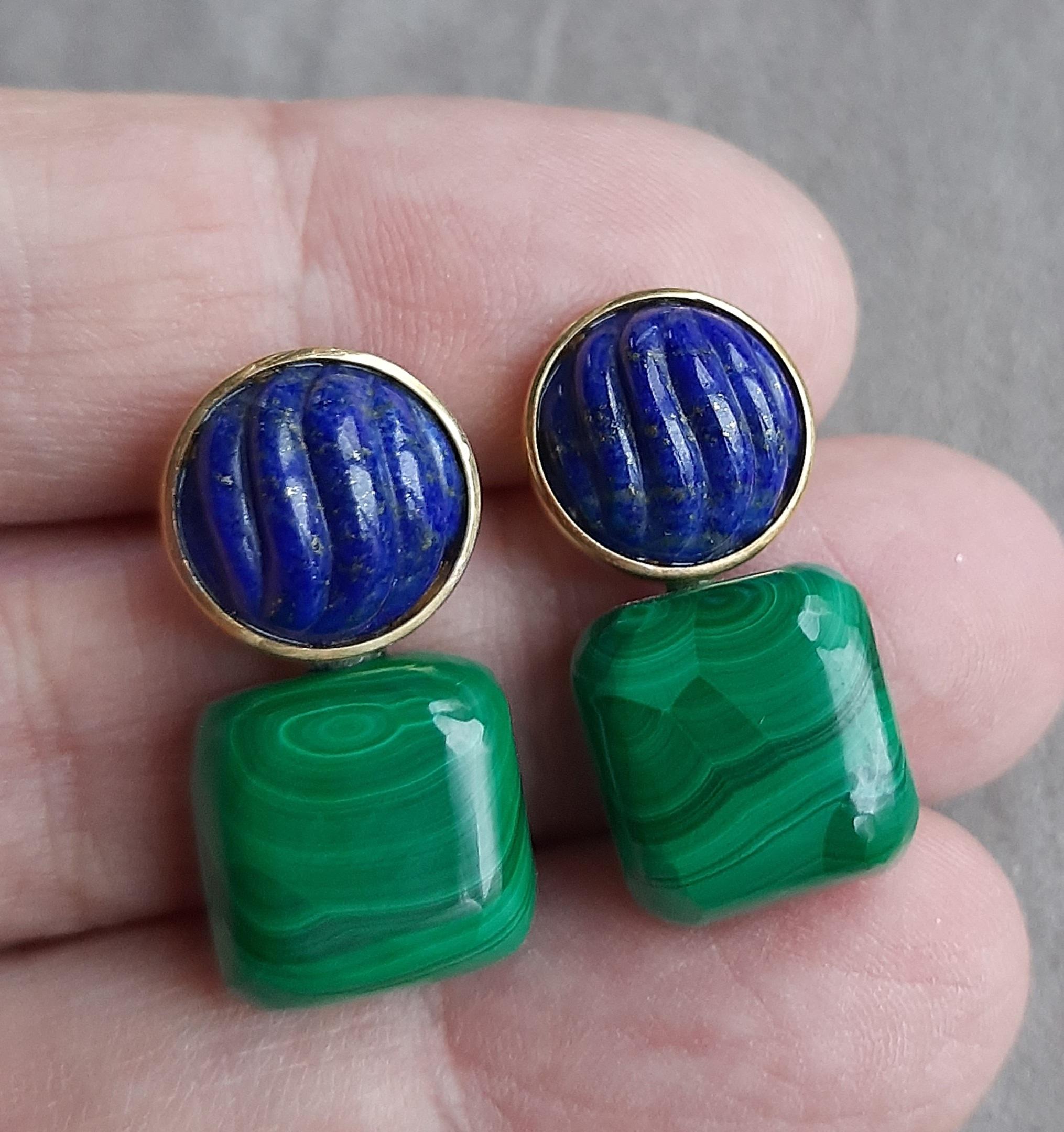 Boucles d'oreilles en or massif 14k Lapis Lazuli Cabs Malachite Cushions en vente 3