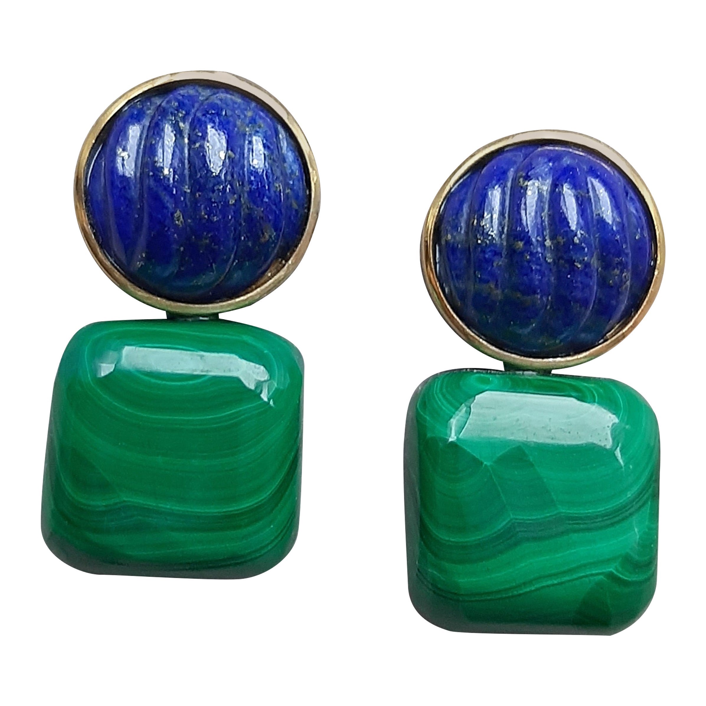 Lapis Lazuli Round Carved Cabs Malachite Cushions 14k Solid Gold Stud Earrings For Sale