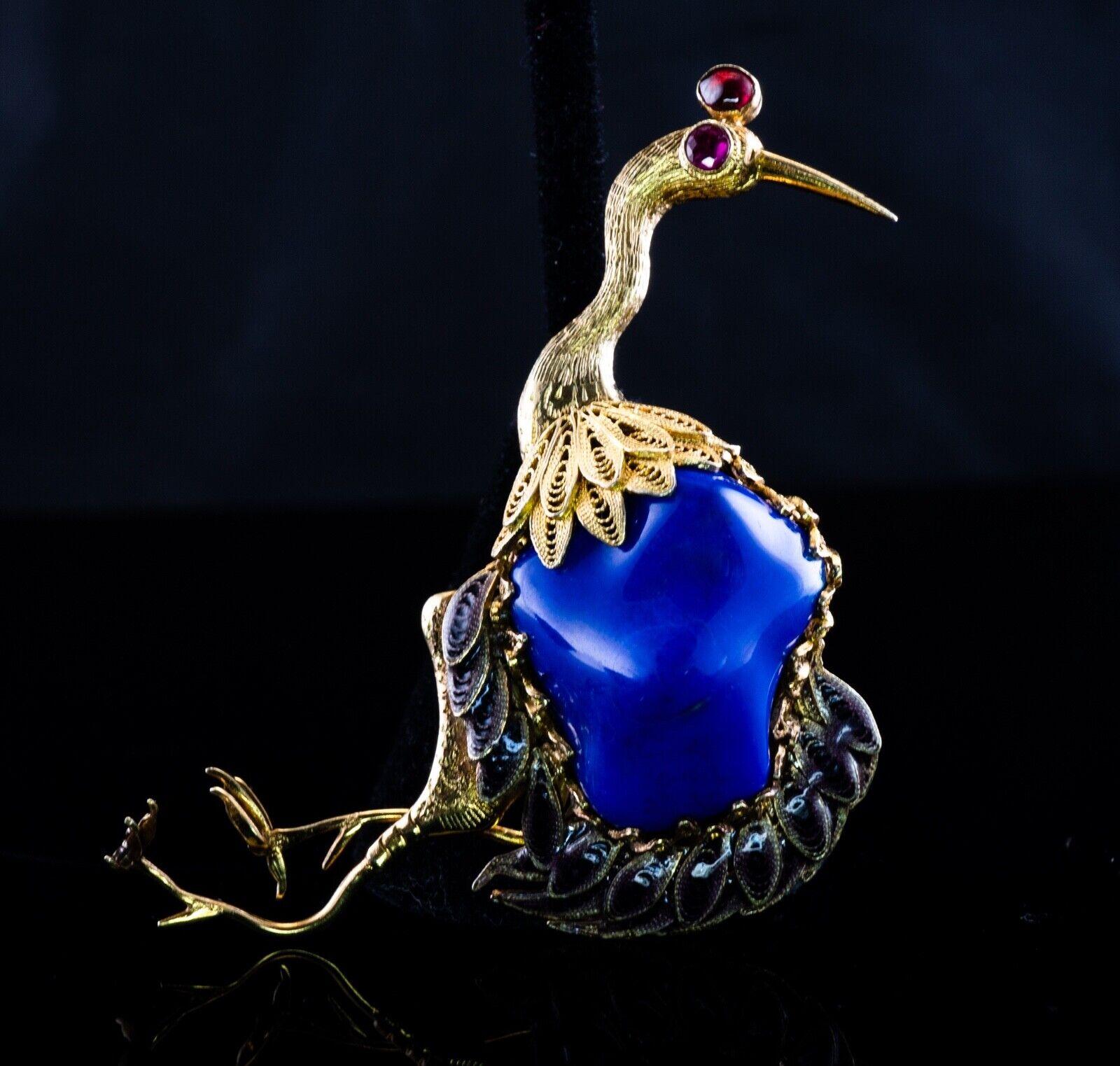 Lapis Lazuli Ruby Brooch Peacock Bird 14K Gold Vintage For Sale 4