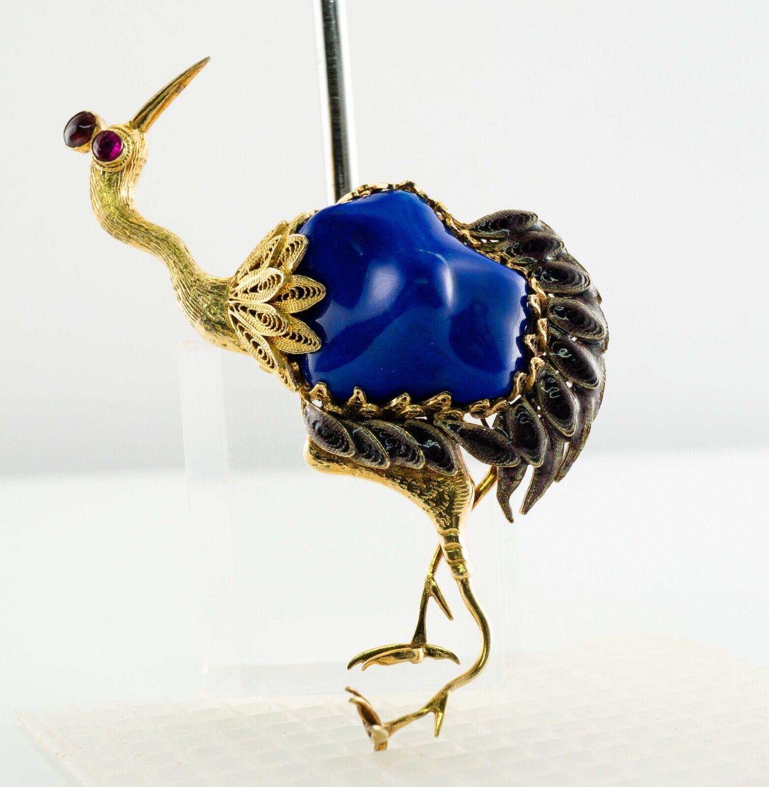 Lapislazuli-Rubin-Brosche Pfau Vogel 14K Gold Vintage (Cabochon)