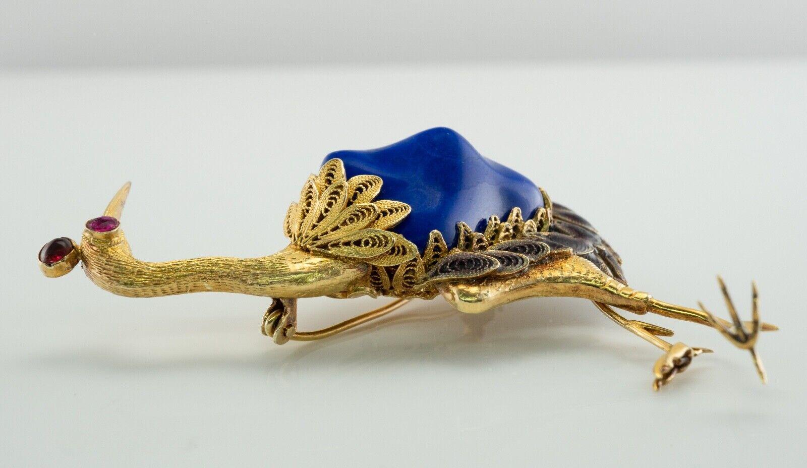 Cabochon Lapis Lazuli Ruby Brooch Peacock Bird 14K Gold Vintage For Sale