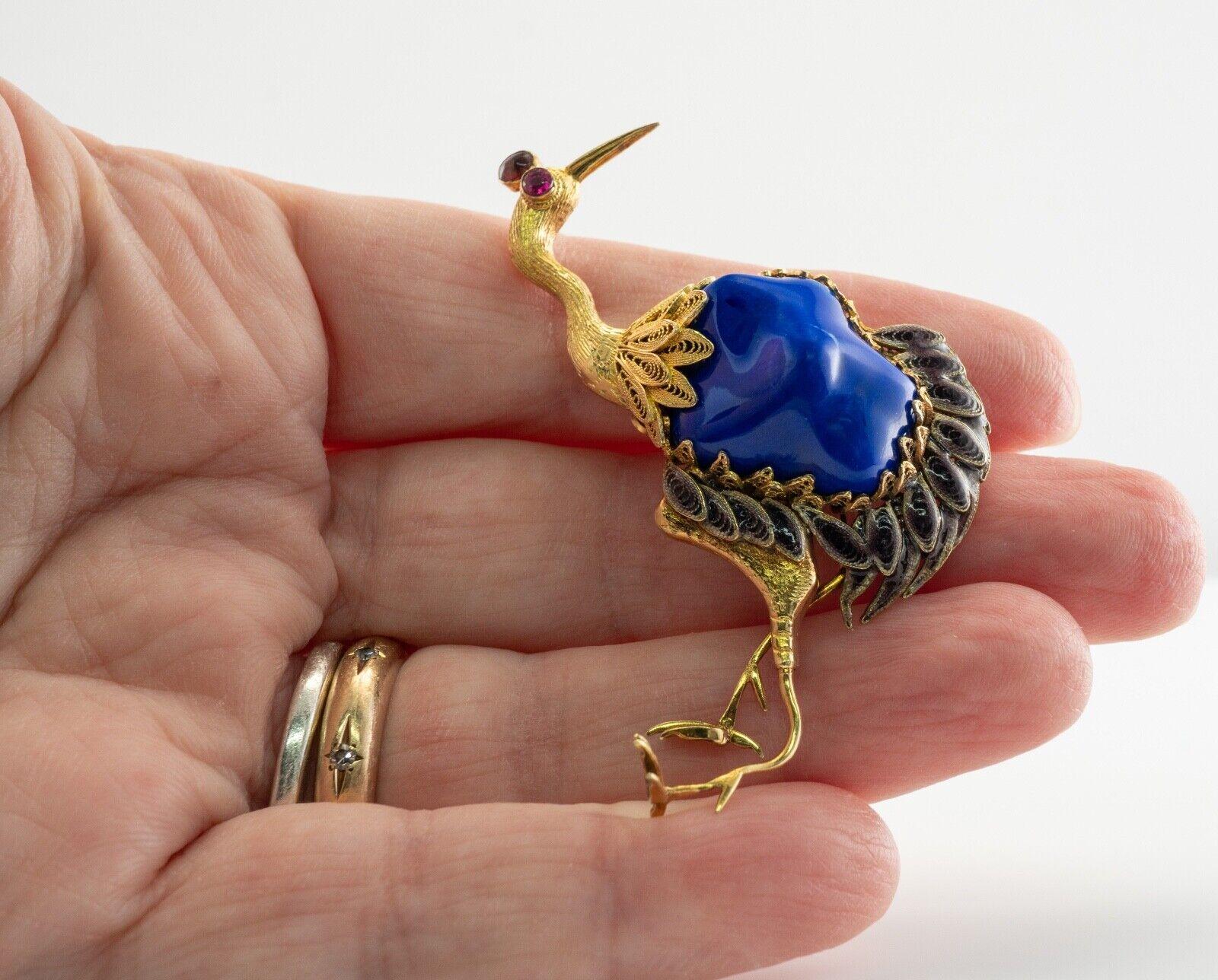 Lapis Lazuli Ruby Brooch Peacock Bird 14K Gold Vintage In Good Condition For Sale In East Brunswick, NJ