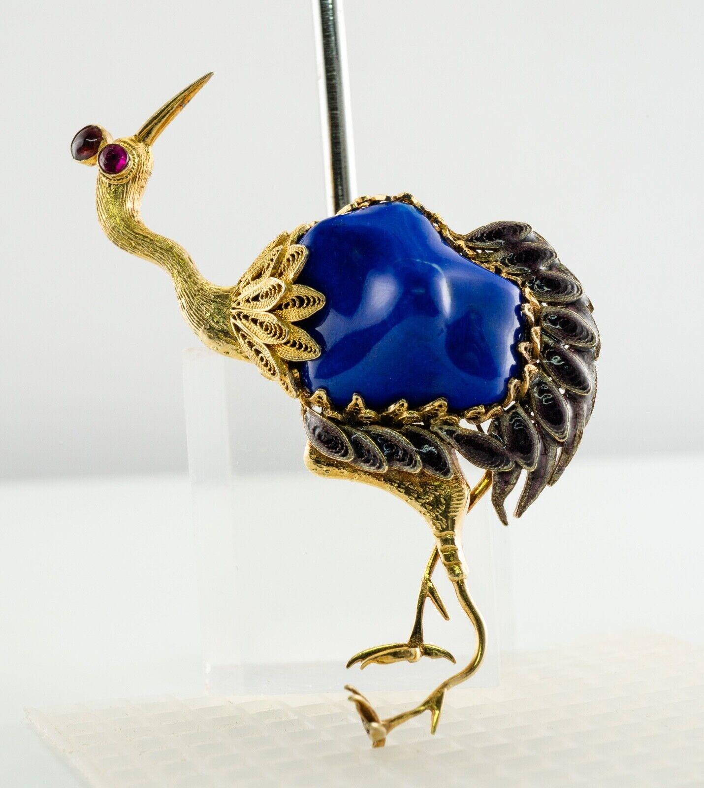 Lapis Lazuli Ruby Brooch Peacock Bird 14K Gold Vintage For Sale 2