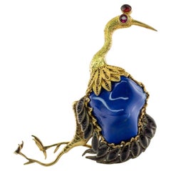 Broche Lapis Lazuli Ruby Oiseau Paon Or 14K Vintage