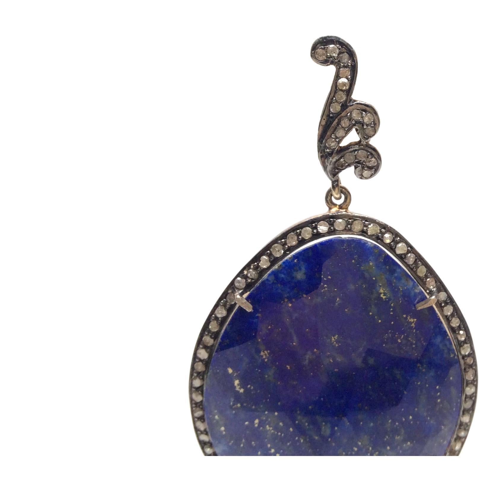 Lapis Lazuli Sapphire and  Diamond Drop Earrings In Excellent Condition For Sale In Los Angeles, CA