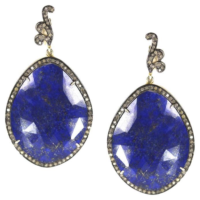 Lapis Lazuli Sapphire and  Diamond Drop Earrings For Sale
