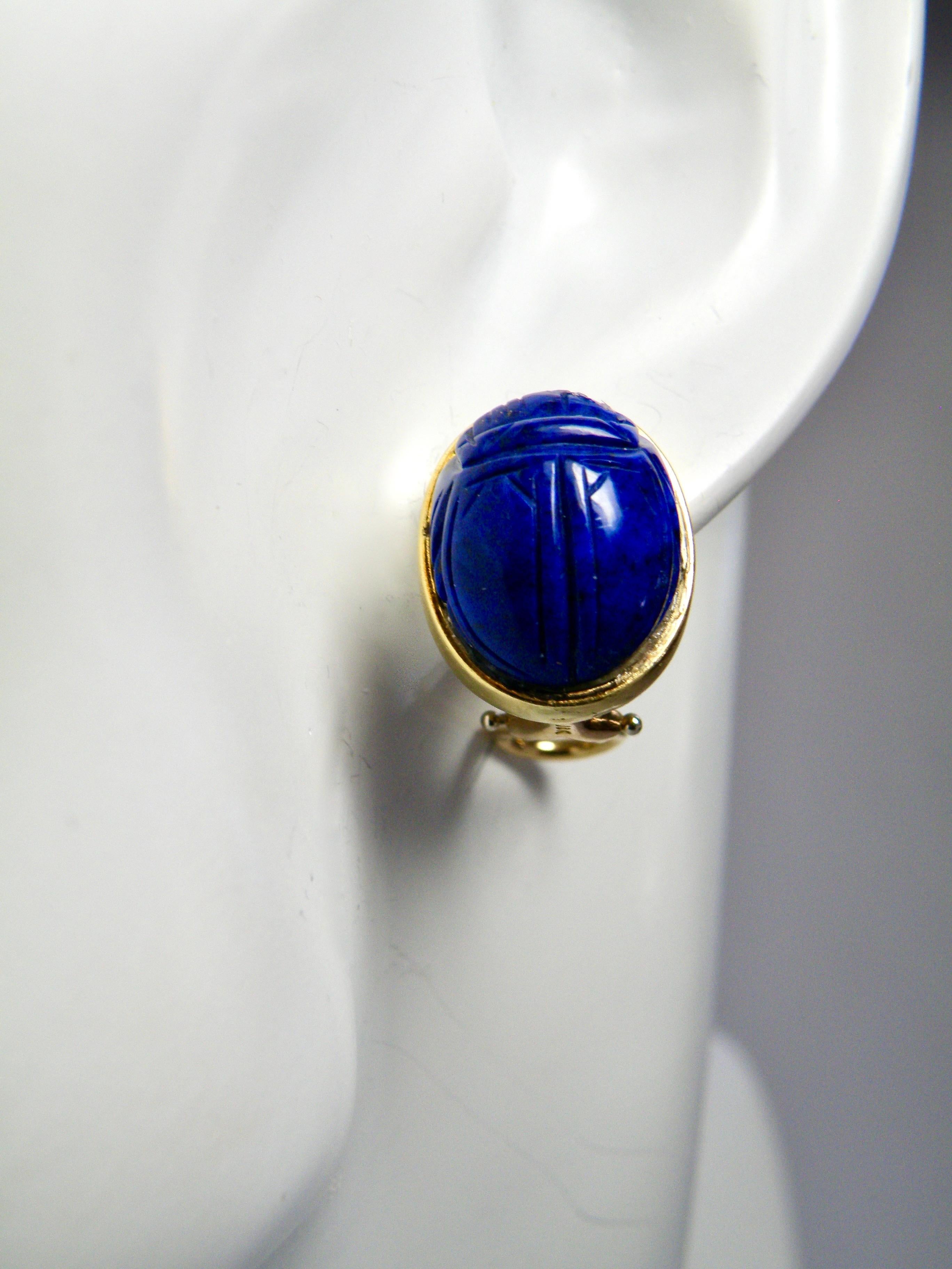 Lapis Lazuli carved scarab 18K earrings 12x14