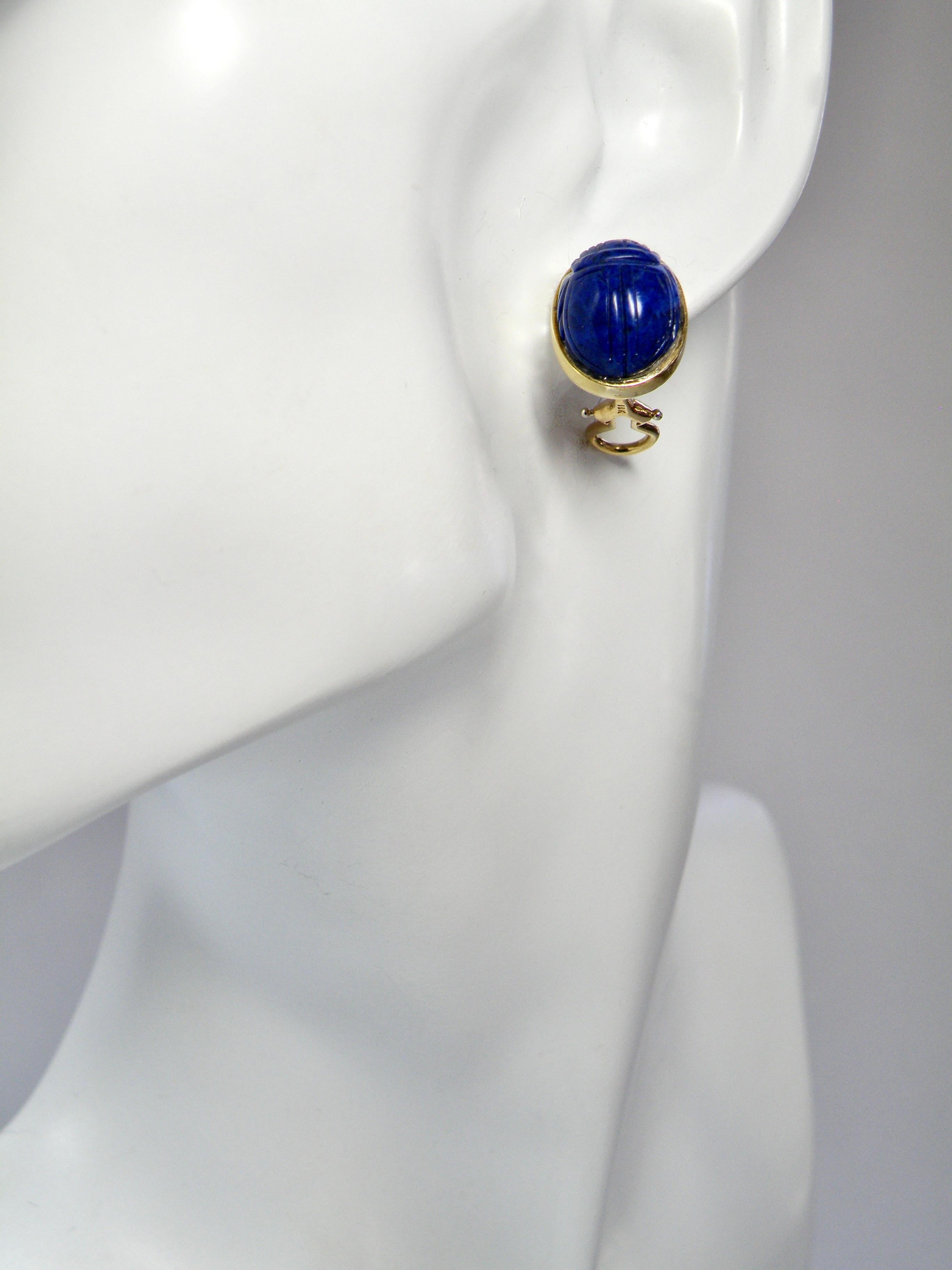 Contemporary Lapis Lazuli Scarab 18k Earrings For Sale