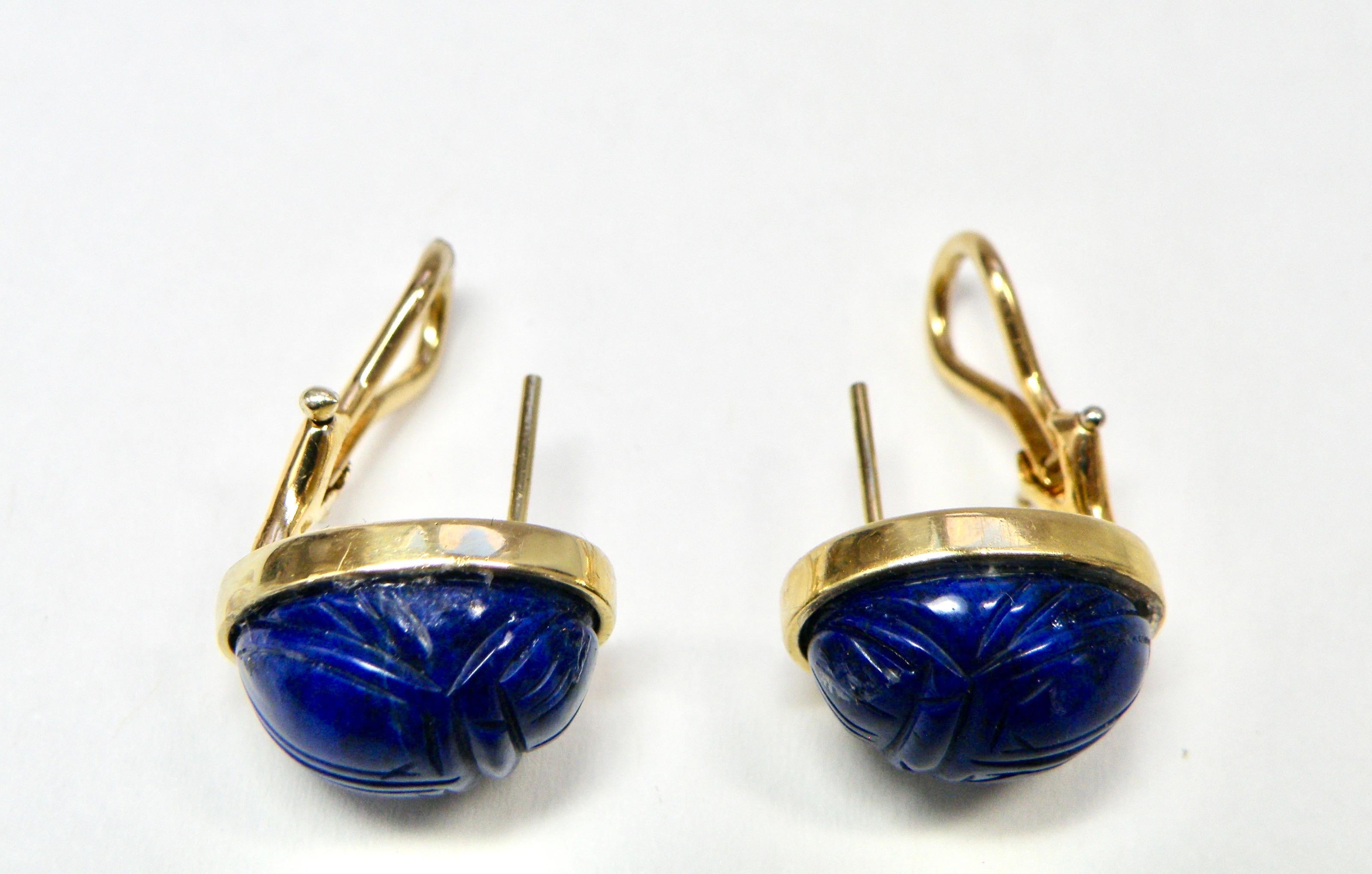 Cabochon Lapis Lazuli Scarab 18k Earrings For Sale