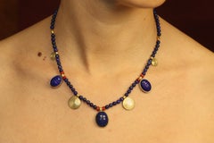 Lapis Lazuli Scarab Nugget Necklace 16" – Egyptian Revival, 18K Sun Discs, Coral