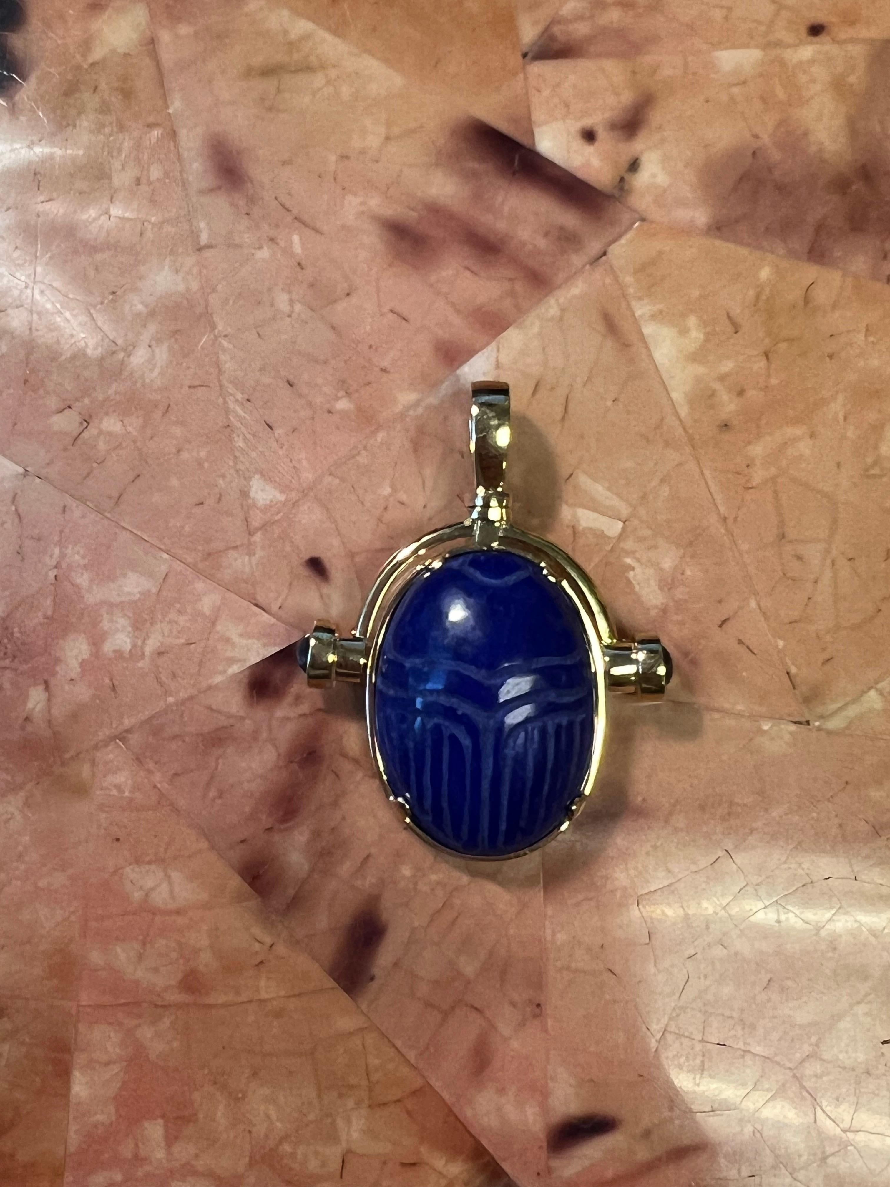 Lapis Lazuli Scarab Pendant 18k Yellow Gold Sapphire Cabochons 5