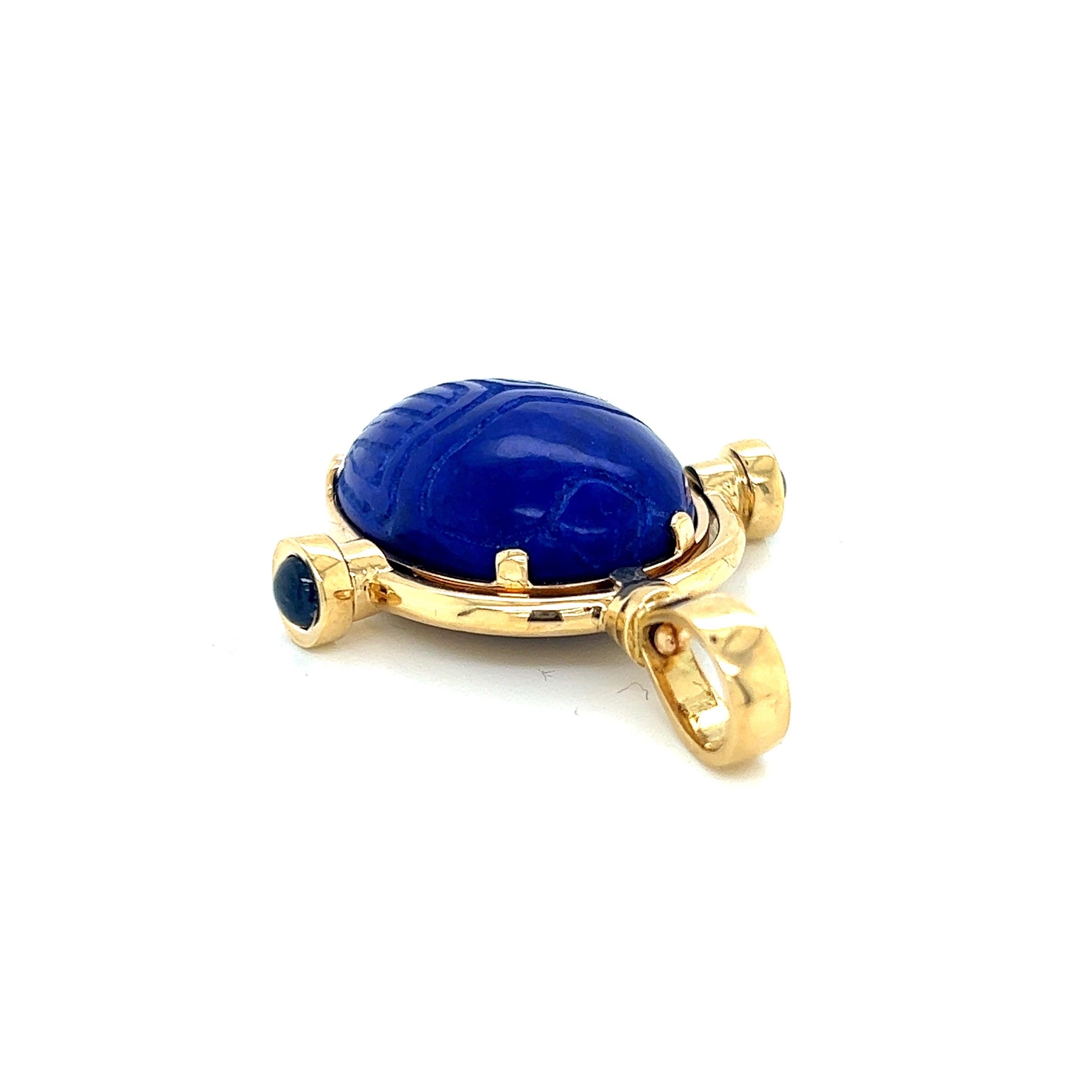 Lapis Lazuli Scarab Pendant 18k Yellow Gold Sapphire Cabochons In New Condition In New York, NY