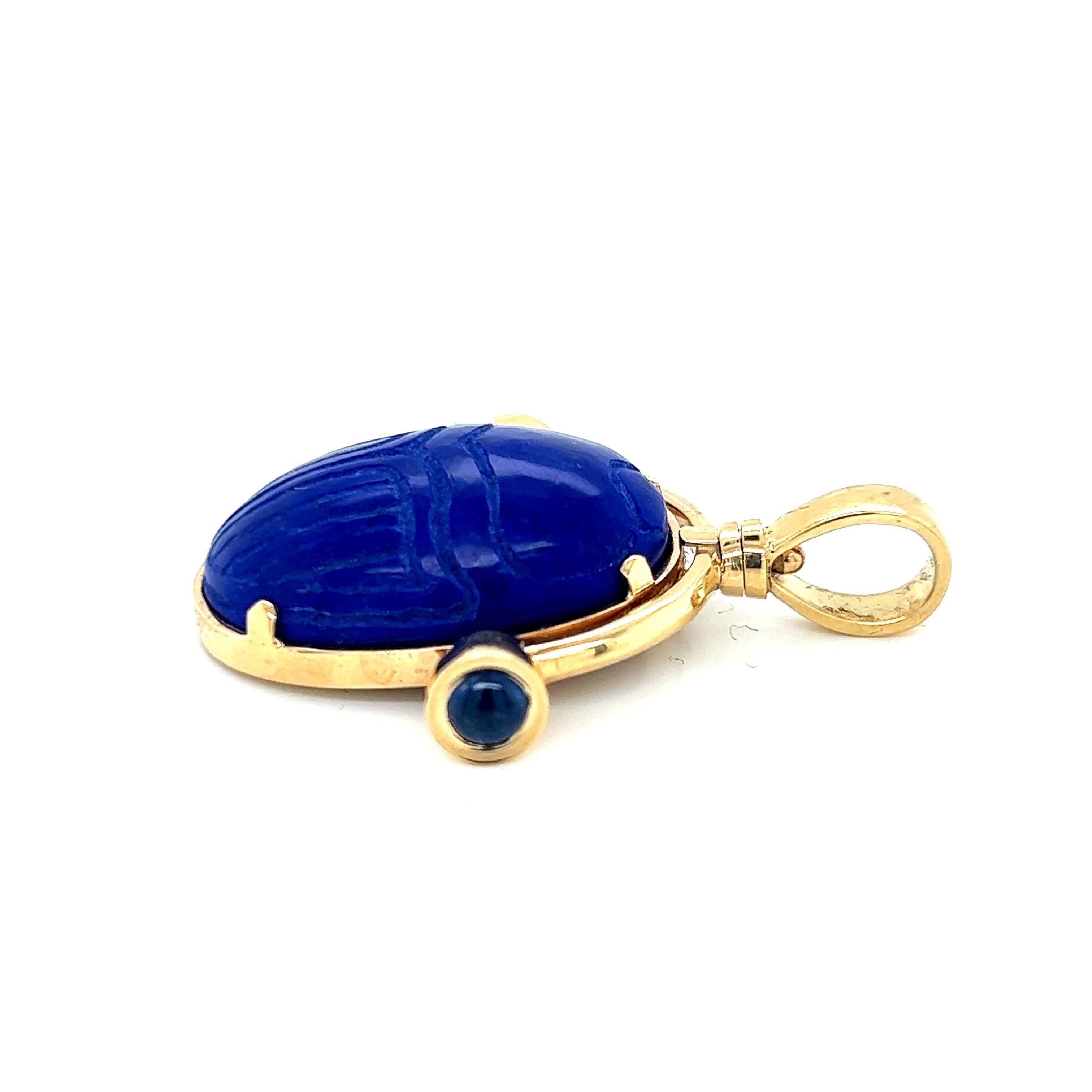 Women's or Men's Lapis Lazuli Scarab Pendant 18k Yellow Gold Sapphire Cabochons