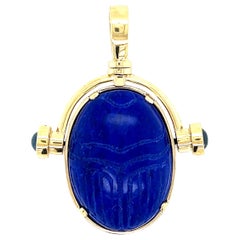 Lapis Lazuli Scarab Pendant 18k Yellow Gold Sapphire Cabochons