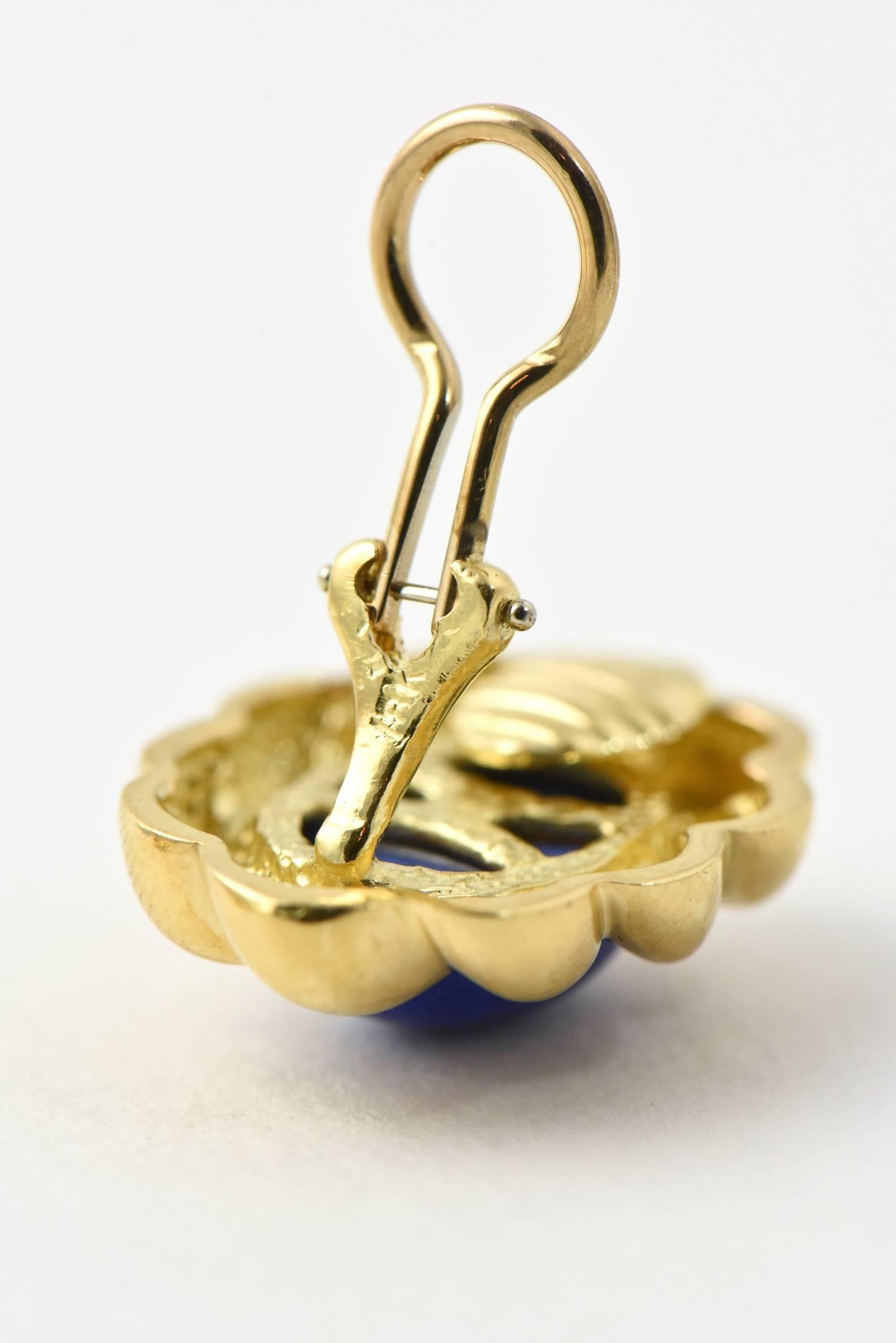 Lapis Lazuli Sculpted Gold Clip Earrings 2
