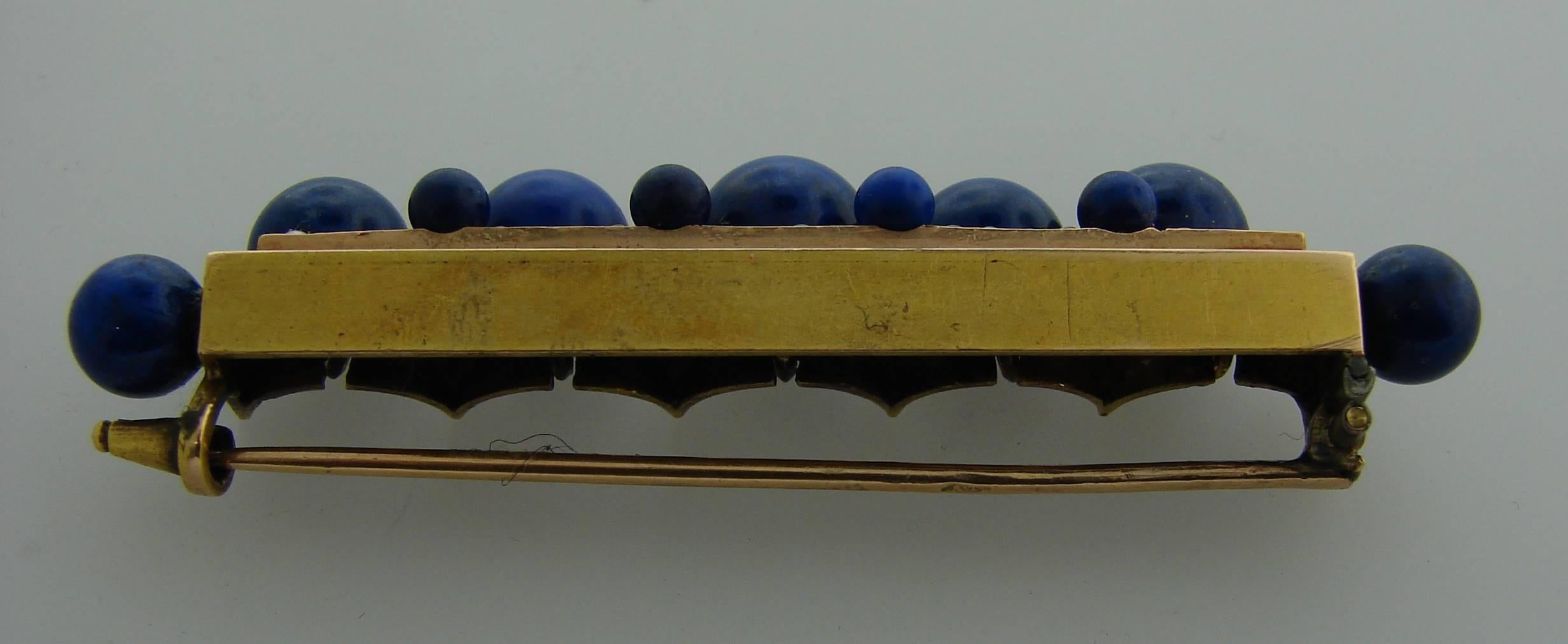 Lapis Lazuli Seed Pearl Yellow Gold Pin Brooch Clip European In Excellent Condition For Sale In Beverly Hills, CA