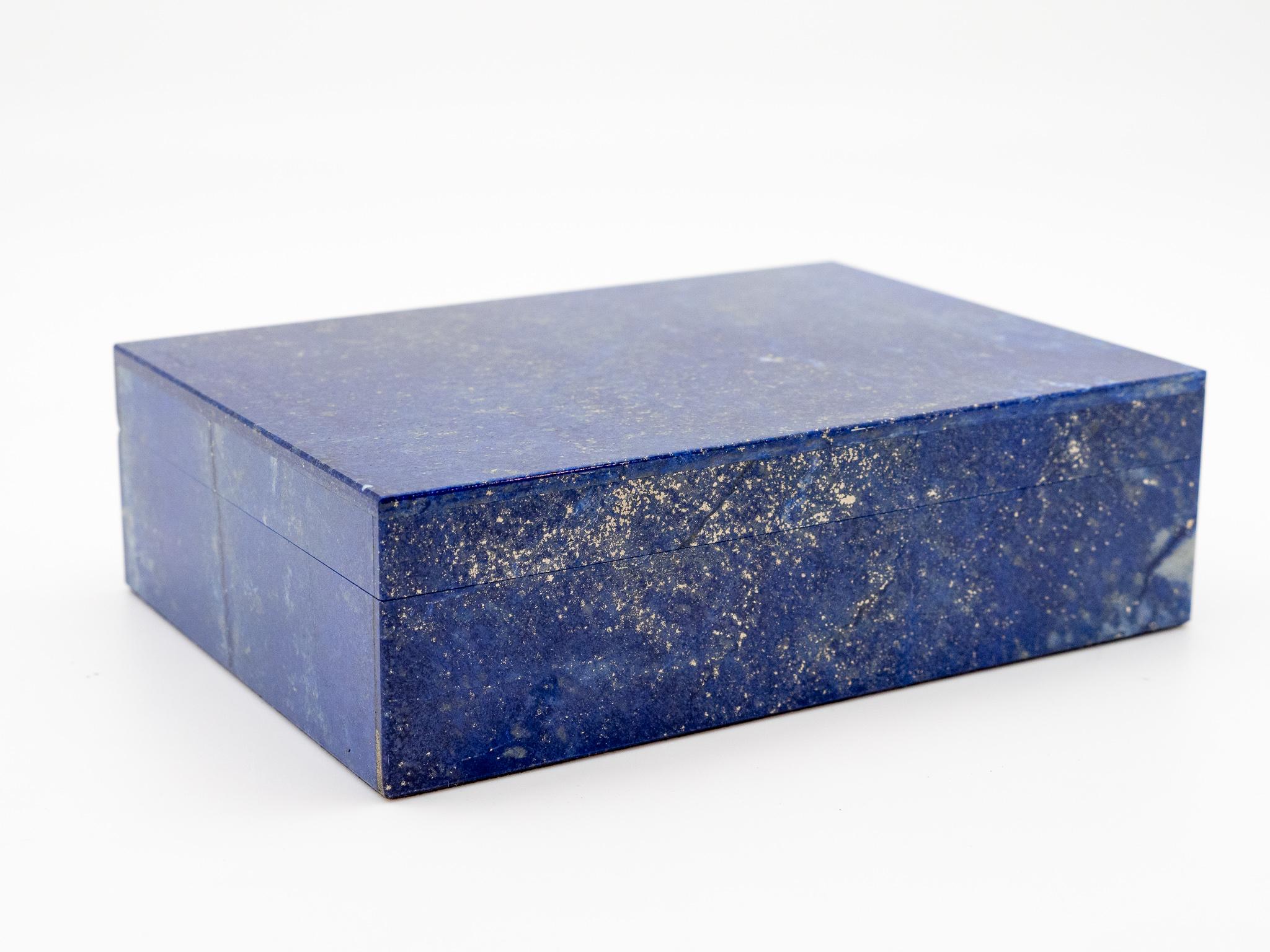 Beautiful lapis lazuli box with hinged lid. The stone was mined in Afghanistan, then cut, polished and crafted for Creel and Gow in India.
Afghanistan was also the main source of lapis for the ancient Egyptians Mesopotamians, as well as the Greeks