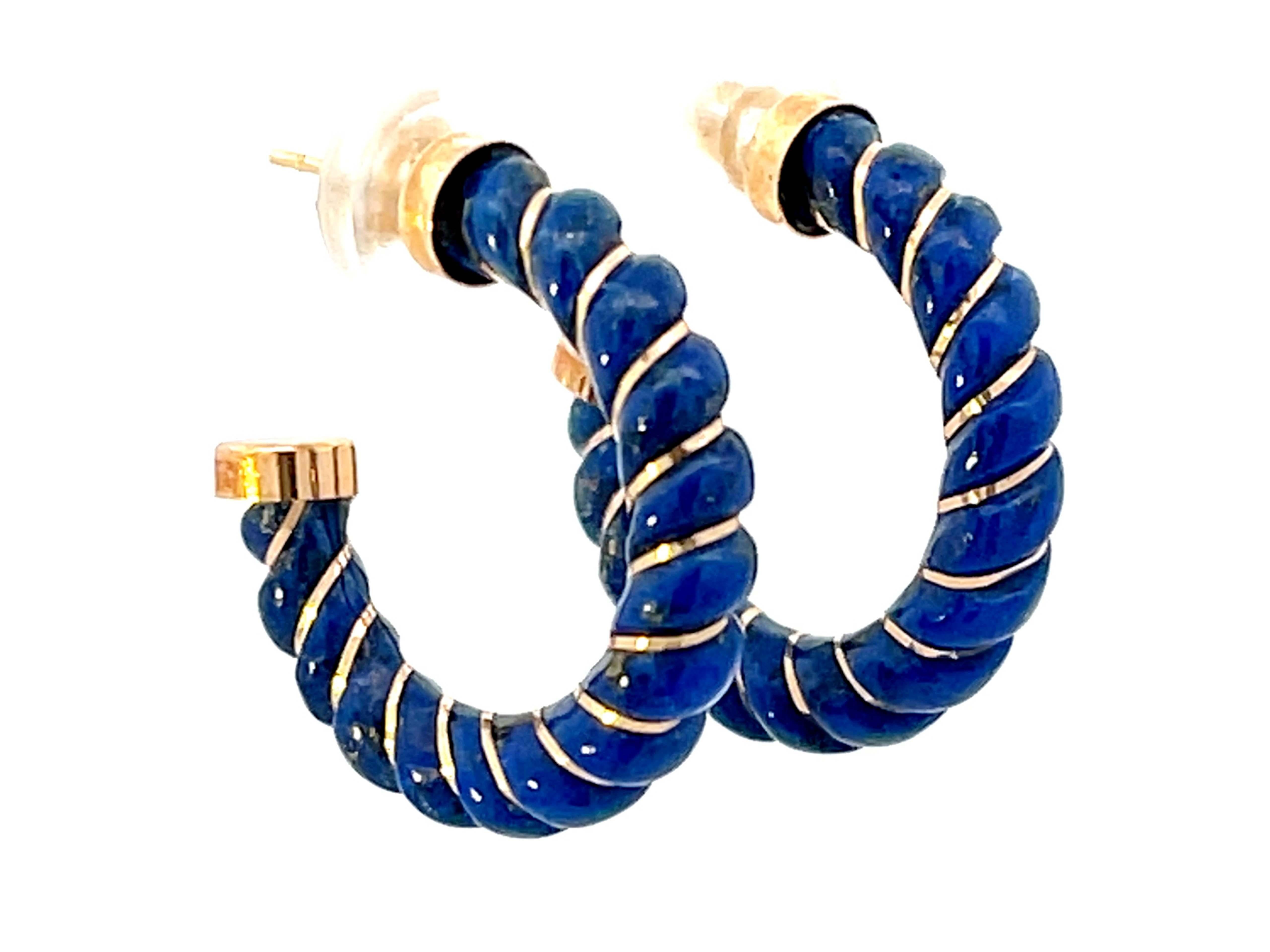 Modern Lapis Lazuli Shrimp Scalloped Gold Hoop Earrings