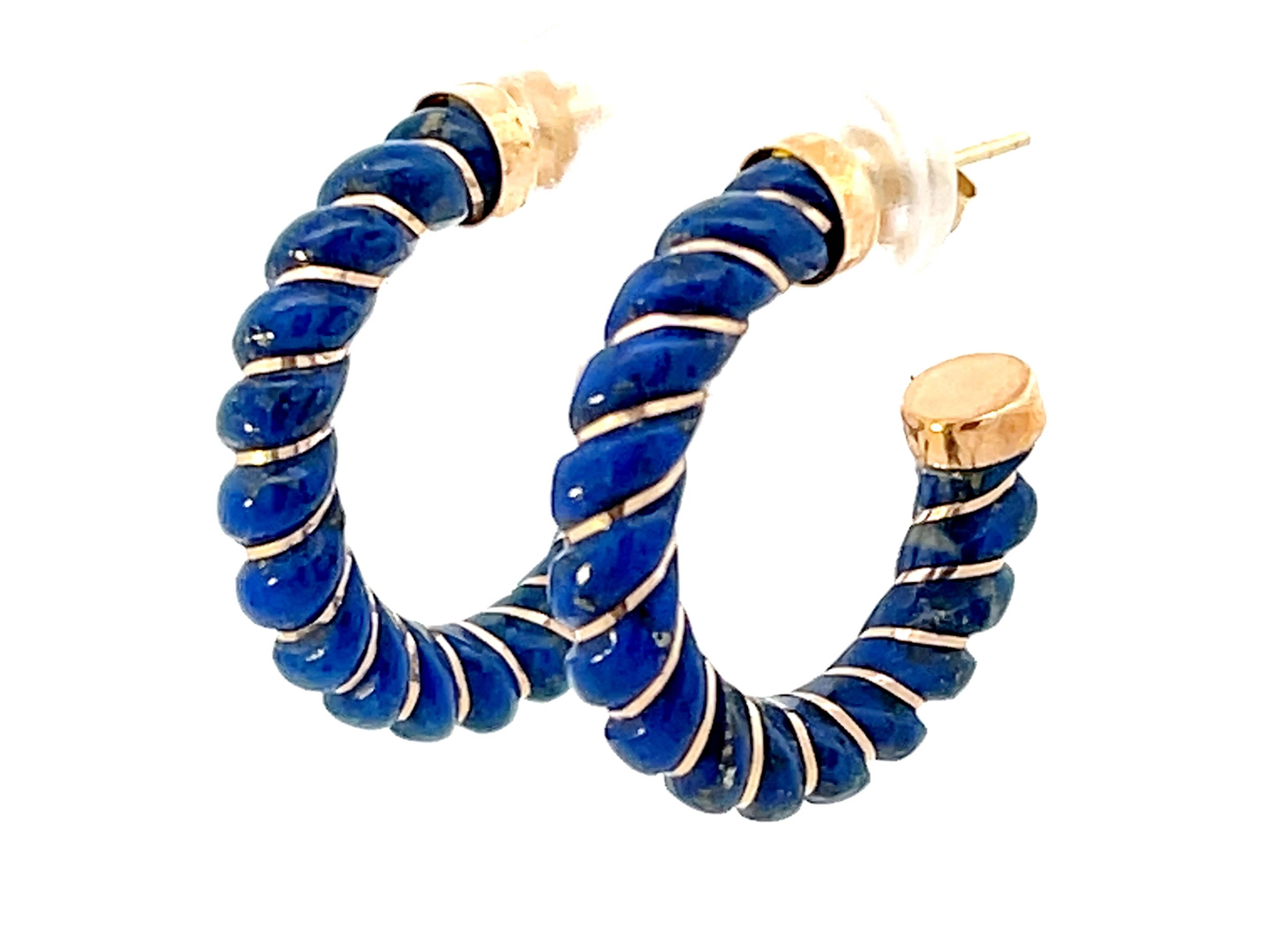 Mixed Cut Lapis Lazuli Shrimp Scalloped Gold Hoop Earrings