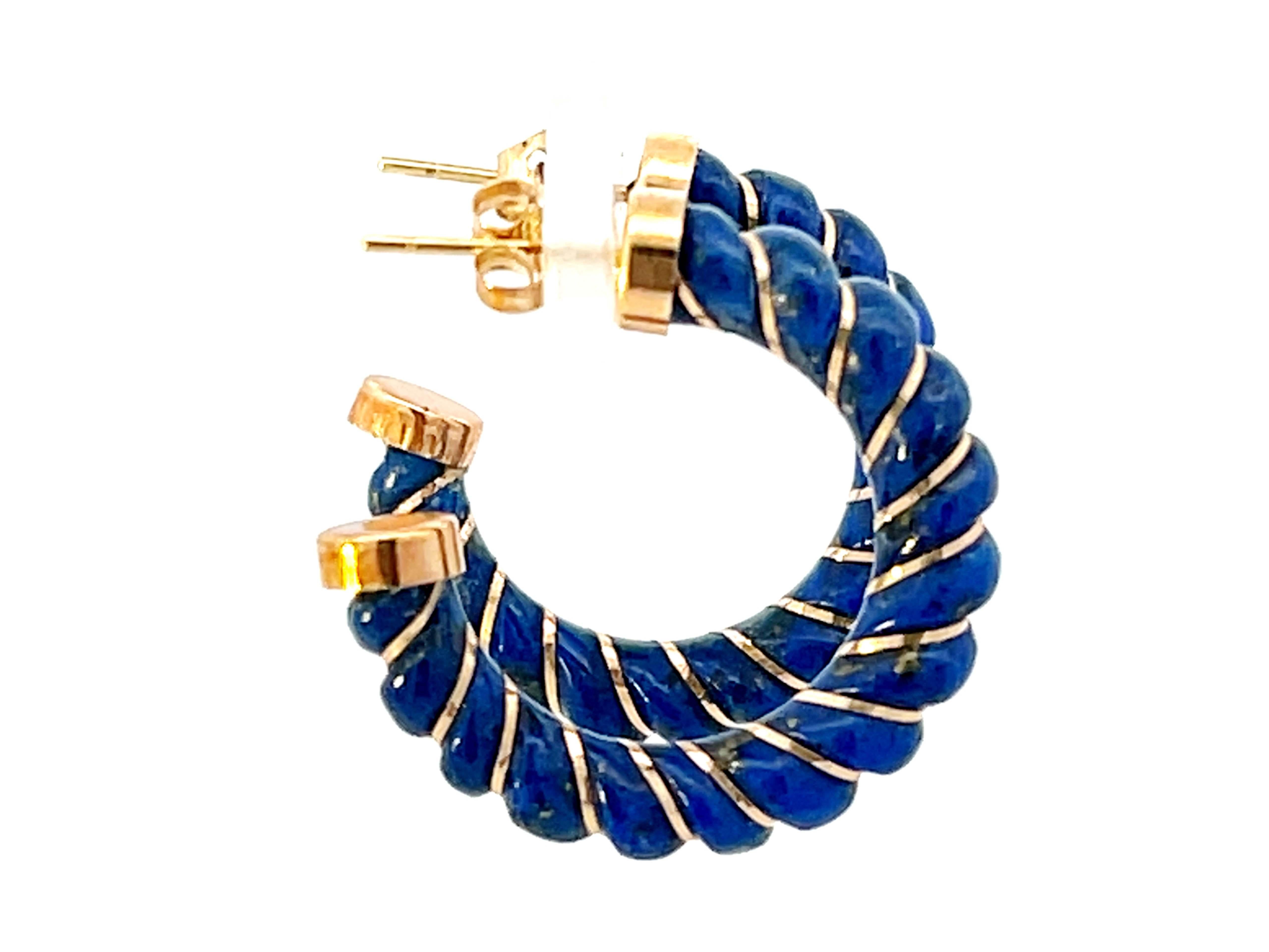 Lapis Lazuli Shrimp Scalloped Gold Hoop Earrings In Excellent Condition In Honolulu, HI