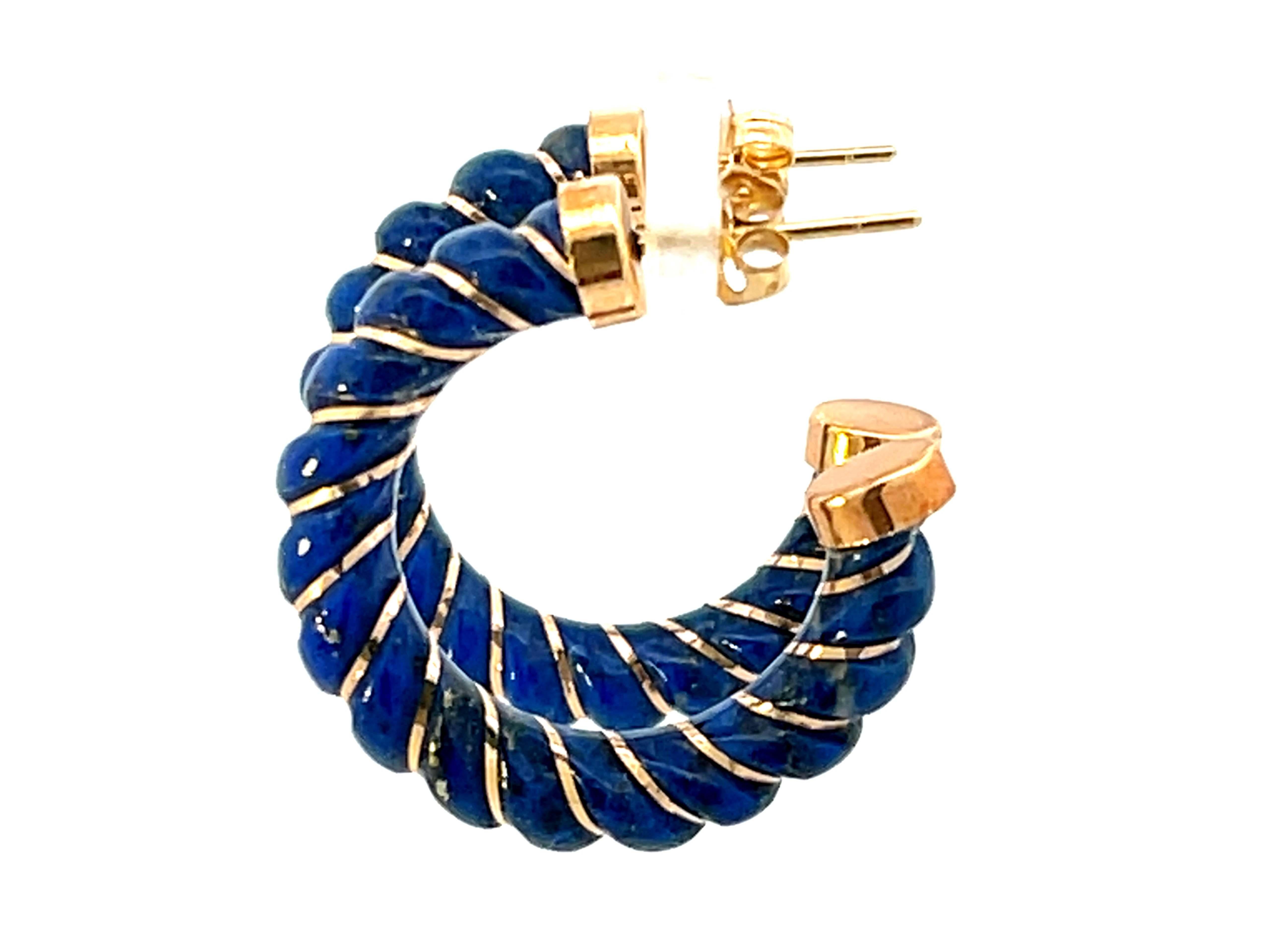 Women's Lapis Lazuli Shrimp Scalloped Gold Hoop Earrings