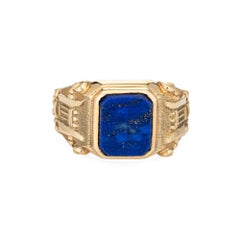 Lapis Lazuli Signet Ring Vintage 14k Yellow Gold Lyre Men's Fine Jewelry
