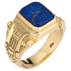 Bague sigillaire lyre vintage en or jaune 14 carats et lapis-lazuli pour hommes