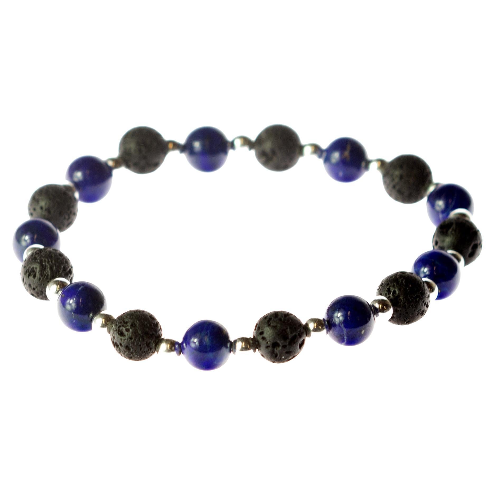 Lapis Lazuli Silver Lava Stone Stretch Bracelet Men Jewelry Gift for Him For Sale